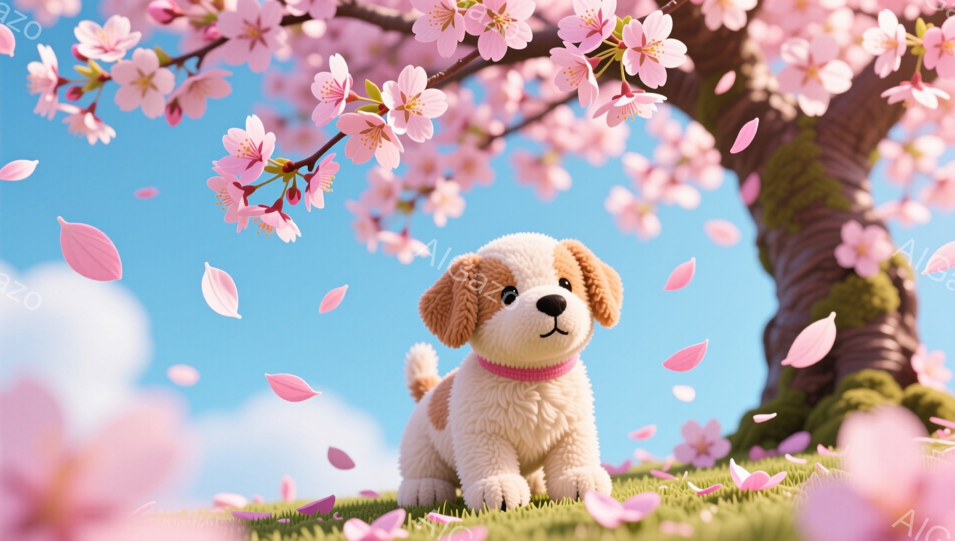 桜の木の下で、ふわふわの毛並みを持つ子犬が可愛らしく座っています。ピンク色の桜の花びらが舞い散り、春の暖かさと穏やかな雰囲気が感じられます。緑の芝生と青空が背景に広がり、可愛らしい光景を作り出しています。
