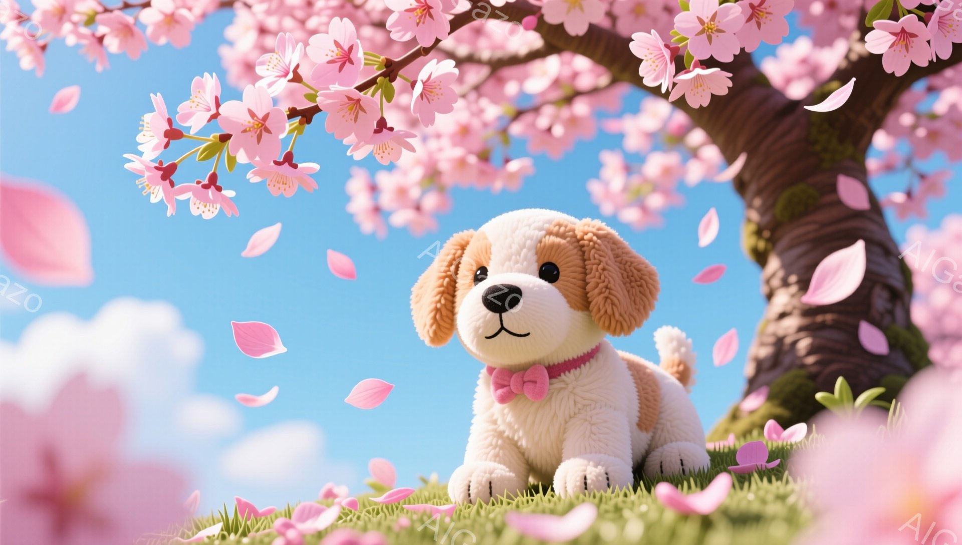 桜の木の下で、ふわふわのクリーム色のパピーが座っています。赤い首輪と蝶ネクタイを身に着け、緑の草の上に可愛らしく座り、周りには桜の花びらが舞っています。春の暖かく穏やかな雰囲気が感じられます。