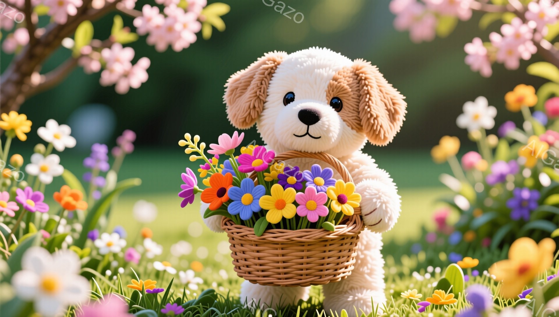 花に囲まれた草原で、小さな子犬が花束が入った籠を抱えています。子犬は茶色と白の毛並みで、喜びにあふれた表情をしています。背景には桜の木があり、春の暖かく穏やかな雰囲気を醸し出しています。