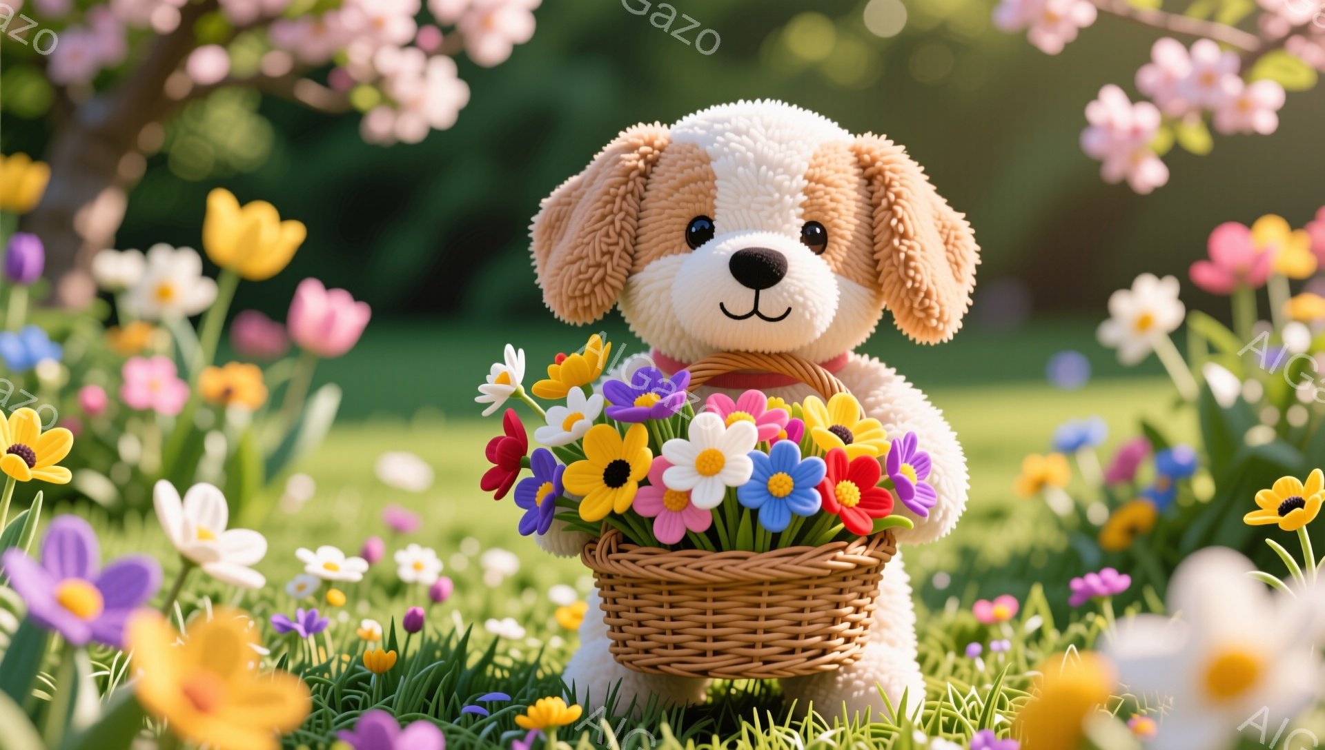 鮮やかな花々に囲まれた、ぬいぐるみのような子犬がバスケットいっぱいの花を抱えています。子犬は愛らしい表情で、春の穏やかな日差しの中で咲き誇る花々と調和しています。背景にはぼやけた花々が広がり、暖かく優 - AI生成フリー素材