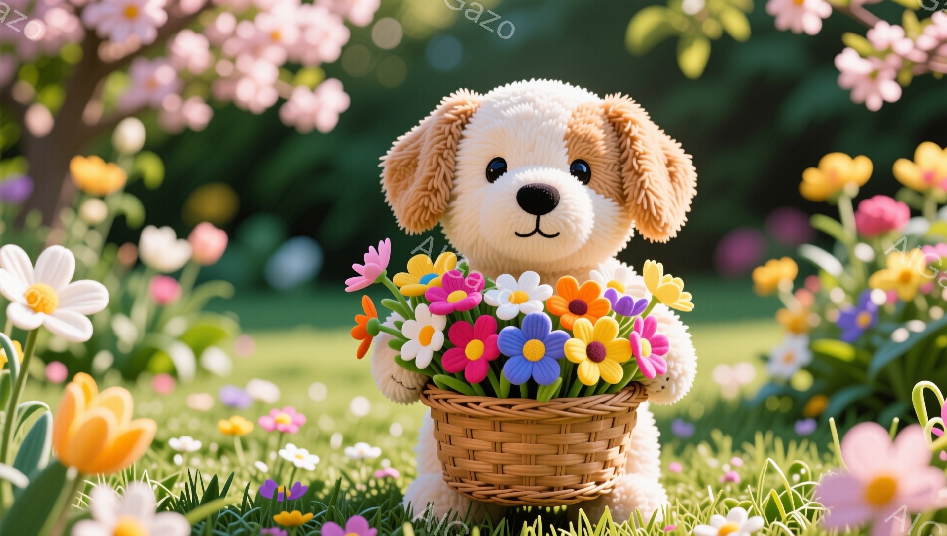 明るい緑の草の上に、花束が入った籠を抱えたふわふわの犬のぬいぐるみがあります。犬は大きな茶色の目で微笑んでおり、春らしい優しい雰囲気が漂っています。背景には色とりどりの花が咲き乱れ、暖かく幸せな情景を作り出しています。