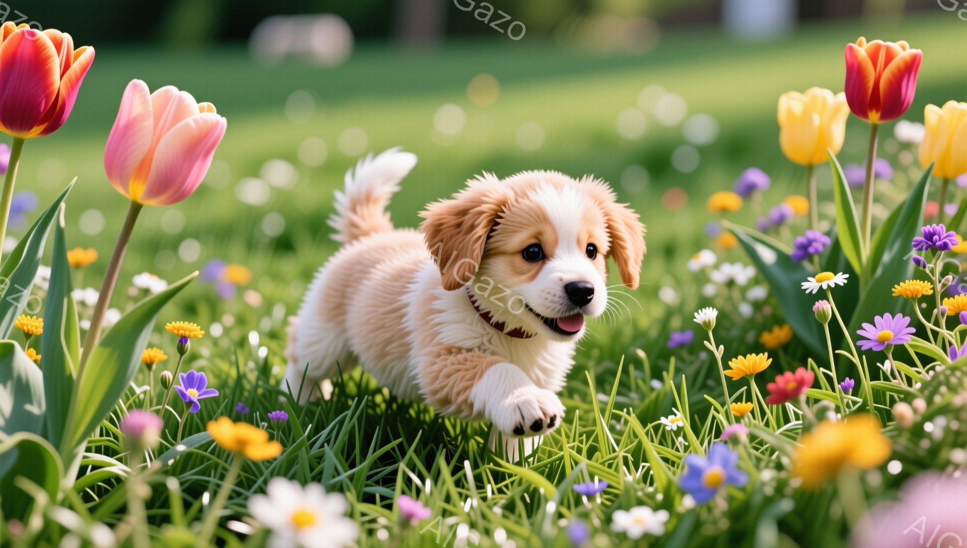 緑豊かな草地にいる子犬が写っています。小さな体で花の間を走り回り、嬉しそうに舌を出しています。背景には色とりどりのチューリップやデイジーが咲き乱れ、春の暖かく穏やかな雰囲気を演出しています。