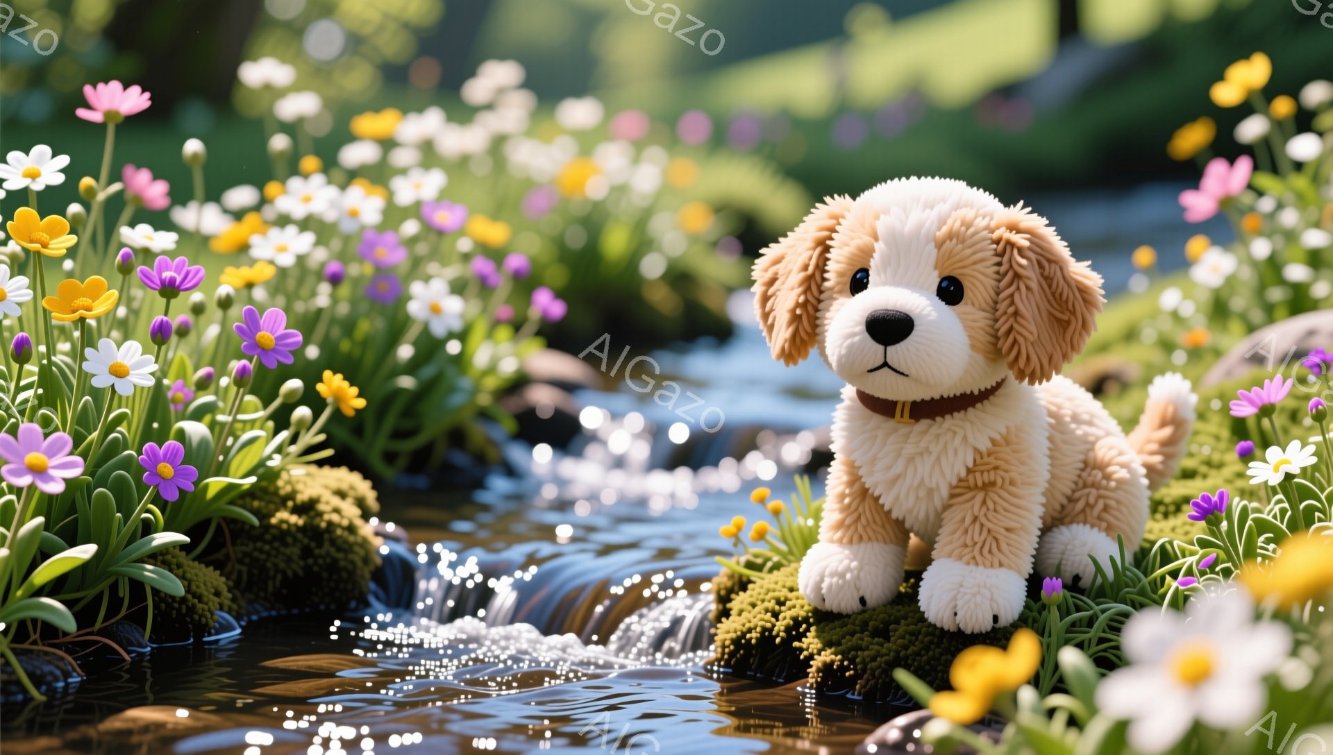 小川の岩の上に、ふわふわのクリーム色のパピーが立っている。パピーは茶色の首輪をつけ、好奇心に満ちた表情でこちらを見ている。周りには色とりどりの花が咲き乱れ、穏やかで平和な雰囲気が漂っている。