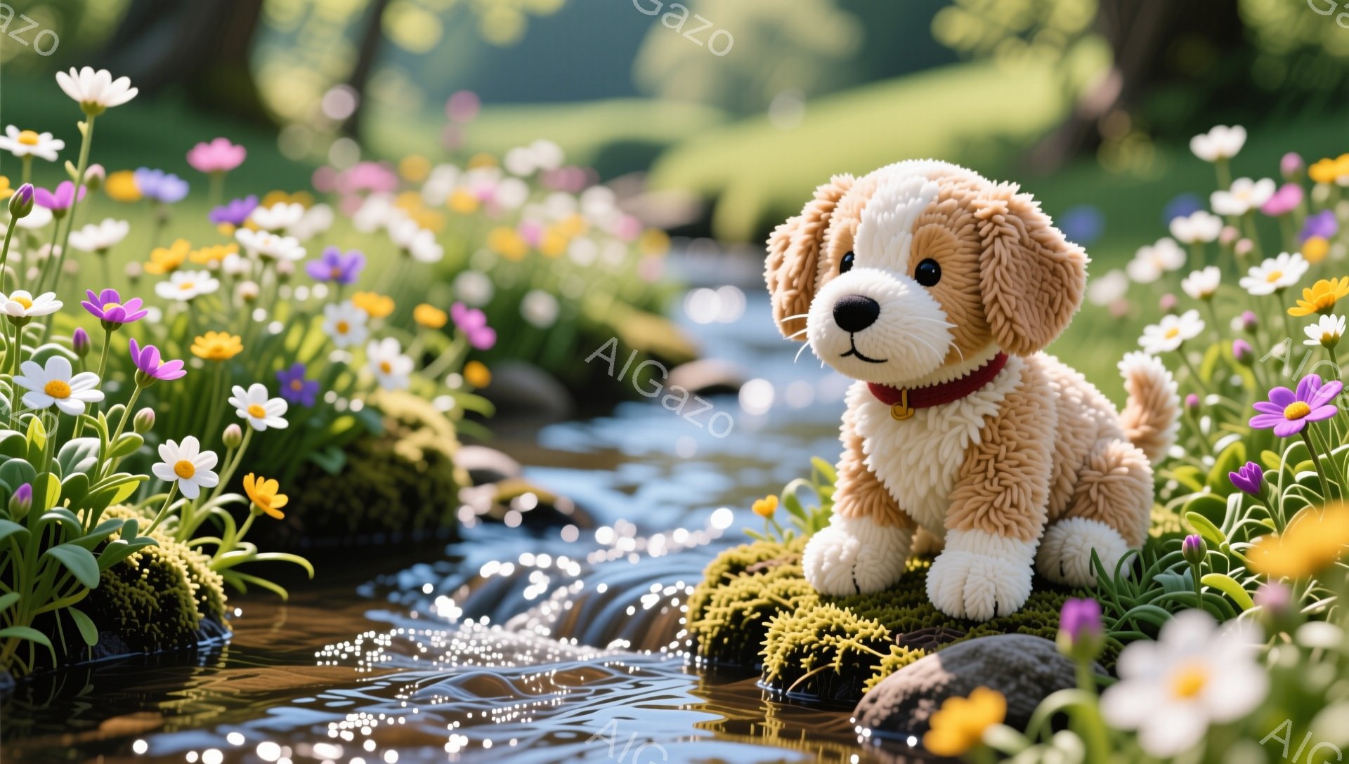 可愛らしい子犬が、緑豊かな小川のそばの岩の上に座っている。周りには色とりどりの花が咲き乱れ、穏やかで平和な雰囲気を醸し出している。赤い首輪をつけた子犬は、好奇心旺盛な表情で何かを見つめているようだ。