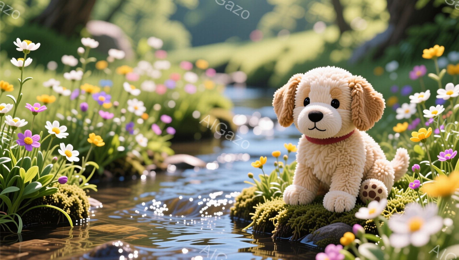 小さな犬が苔の上に座って、穏やかな小川を見下ろしています。周囲には色とりどりの花が咲き乱れ、緑豊かな自然の中でリラックスした雰囲気が漂っています。犬は赤い首輪を身に着け、可愛らしい表情でこちらを見てい - AI生成フリー素材