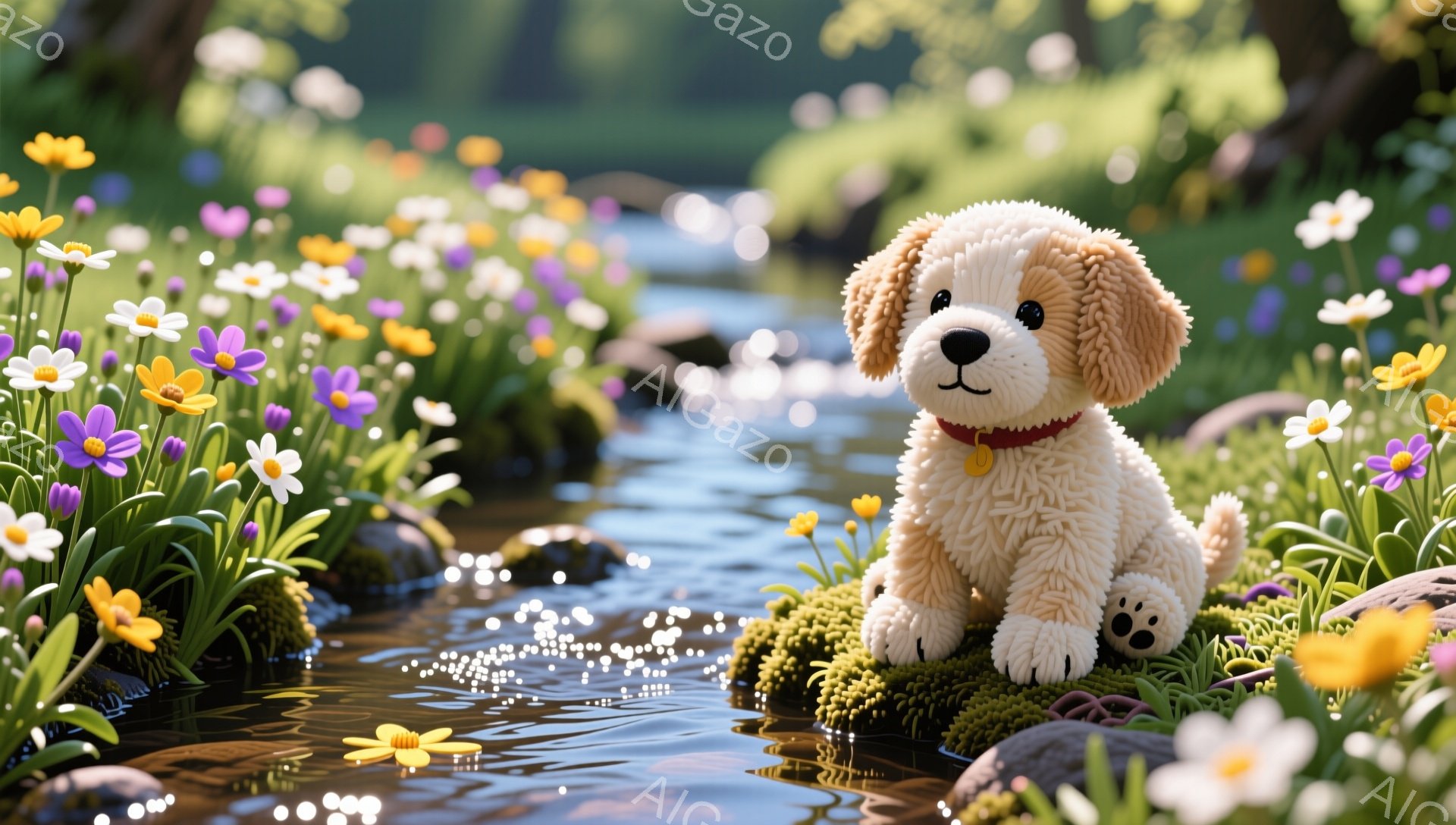 可愛い子犬が小川のそばの岩の上に座っています。周りは色とりどりの花でいっぱいで、暖かく穏やかな雰囲気が漂っています。子犬は赤い首輪をつけていて、少し微笑んでいるように見えます。