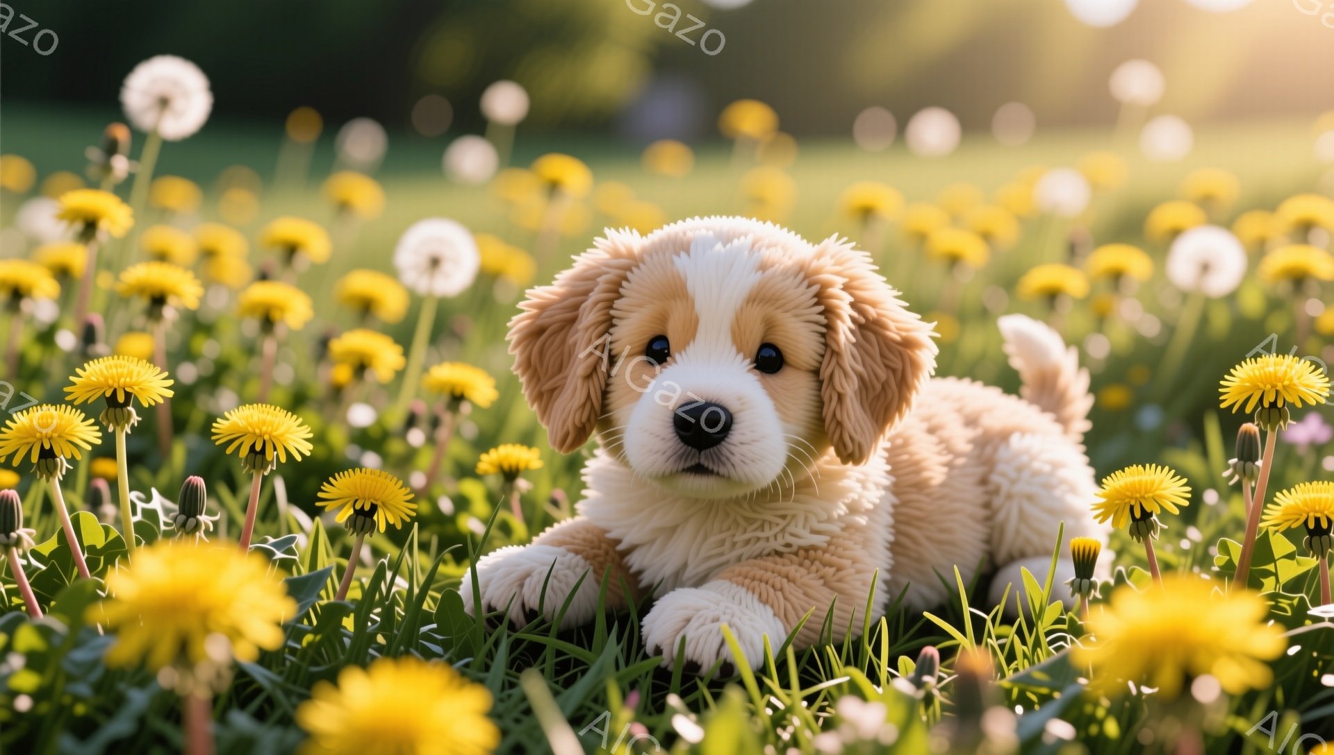 柔らかい毛並みの子犬がタンポポがたくさん咲いた草原に横たわっています。子犬は正面を向いており、明るい表情でこちらを見ています。背景は緑豊かで、温かい光が差し込み、穏やかな雰囲気を醸し出しています。 - AI生成フリー素材