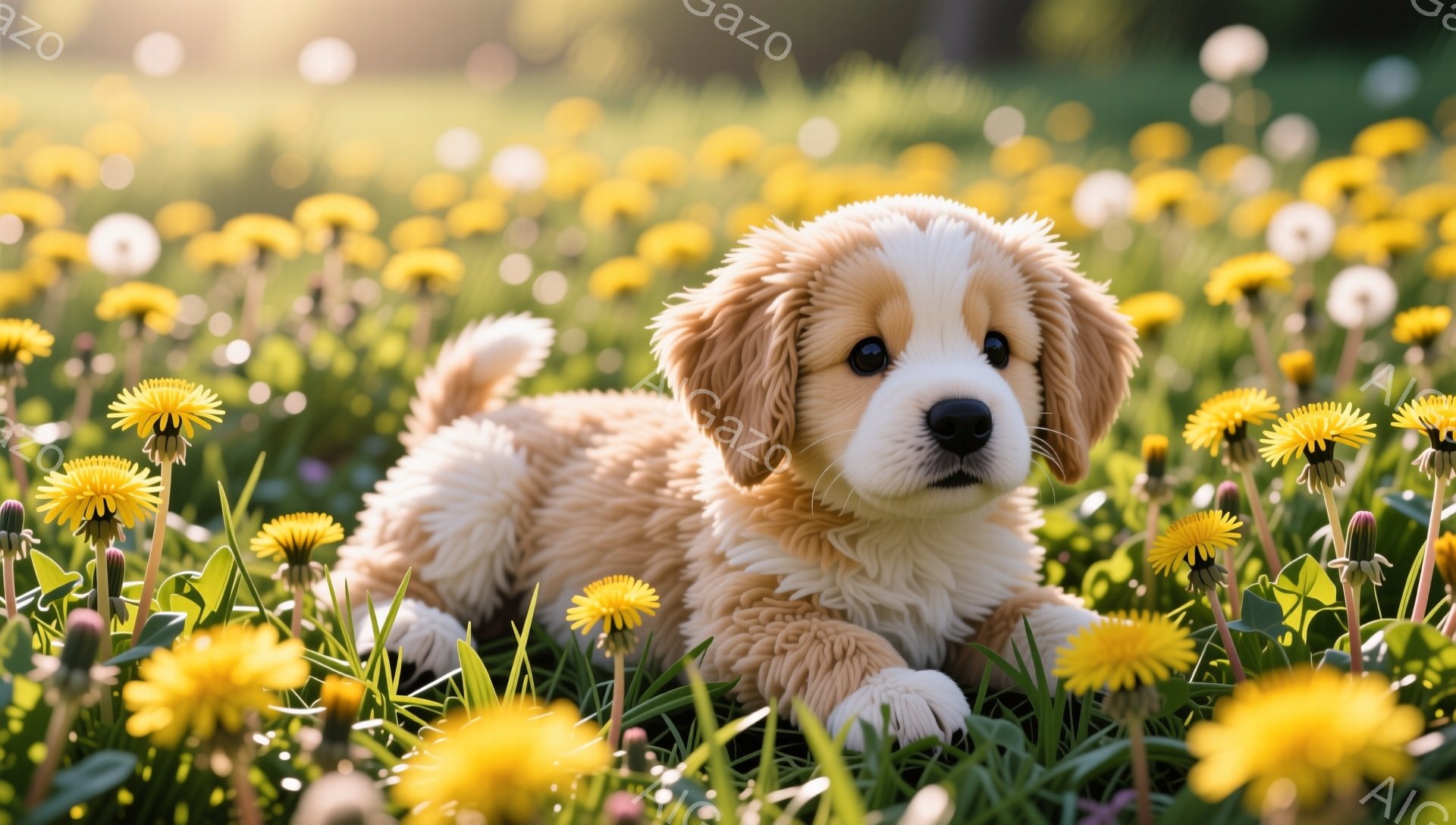 黄色いタンポポが咲き乱れる草原で、ふわふわのクリーム色のパピーが横たわっています。大きな瞳でカメラを見つめ、幸せそうな表情をしています。柔らかい光が降り注ぎ、暖かい春の雰囲気が感じられます。