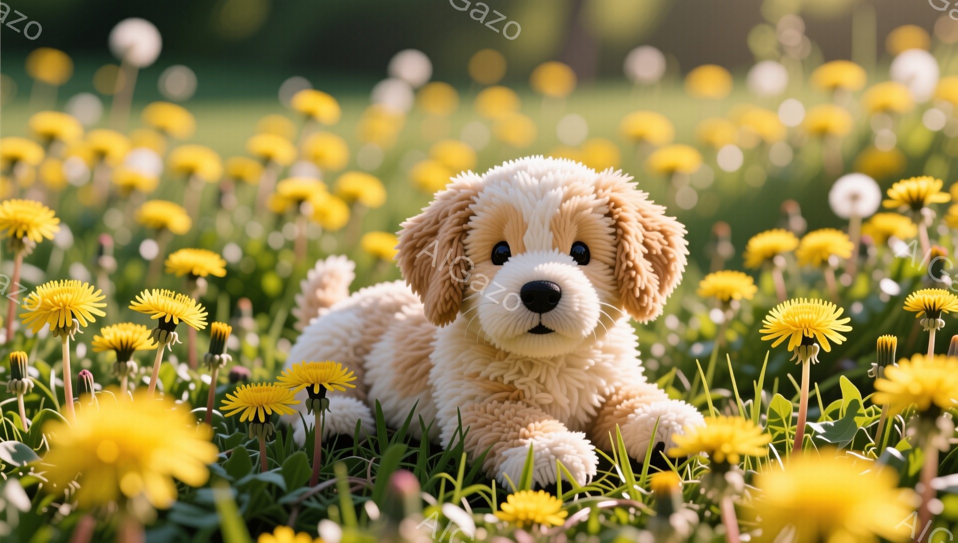 明るい緑の草地のタンポポ畑で、子犬がリラックスして横たわっています。毛並みがふわふわで、優しい表情をしています。暖かい日差しが降り注ぎ、穏やかで平和な雰囲気が漂っています。 - AI生成フリー素材