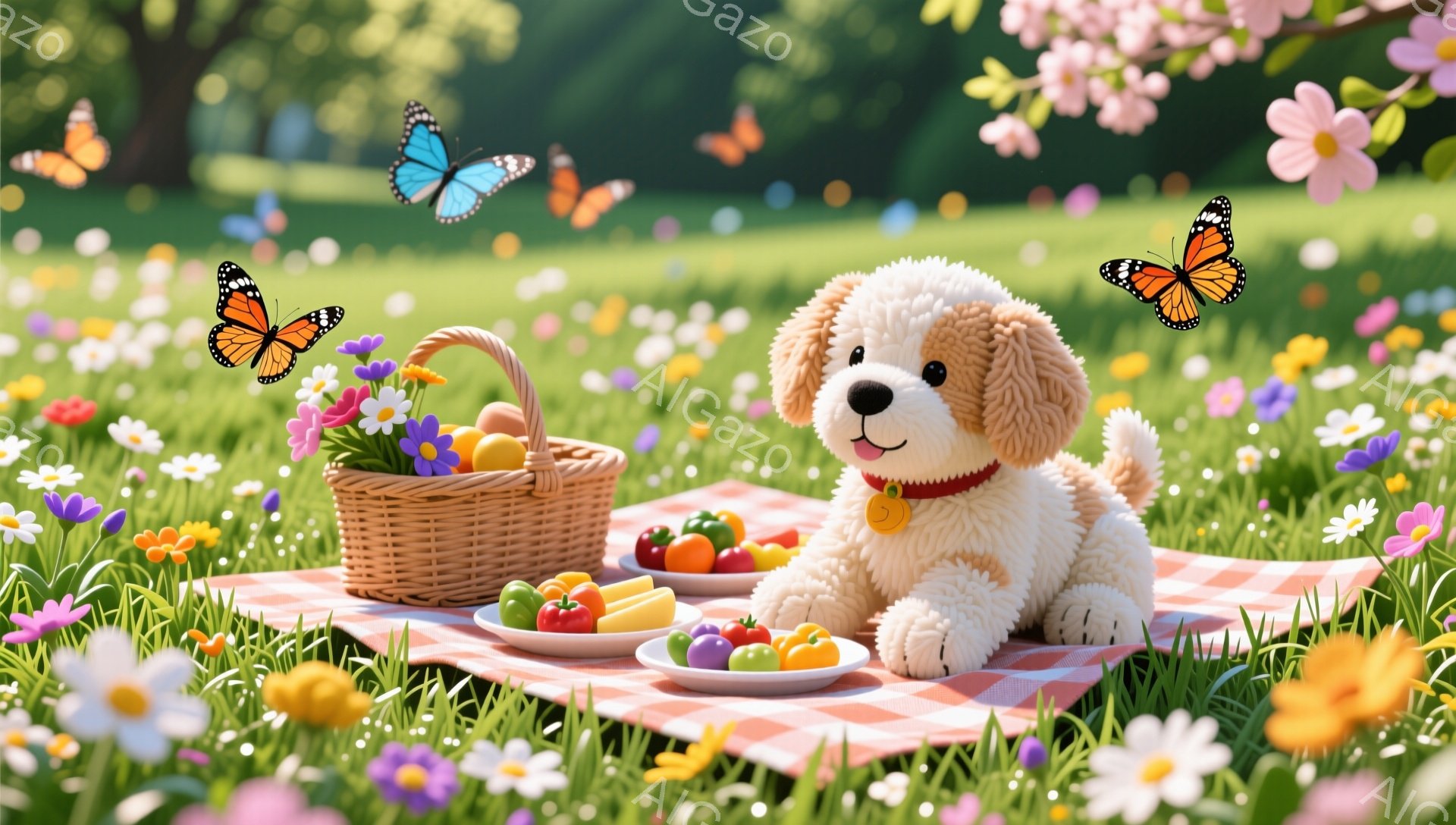 可愛い子犬が、ピクニックの敷物の上に座って、果物や野菜の入ったお弁当箱を見つめています。周囲は色とりどりの花々が咲き乱れ、蝶が舞う春らしい陽気な雰囲気です。まるで絵本から飛び出してきたような、温かく優 - AI生成フリー素材