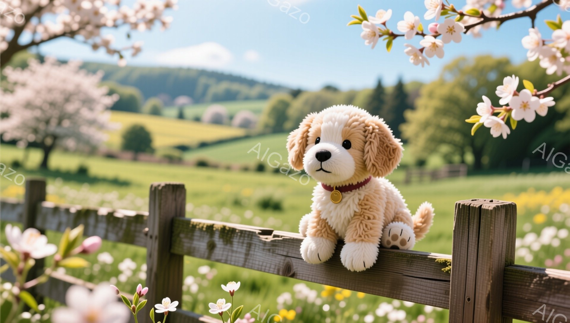 暖かく穏やかな春の日に、柵の上に座っているクリーム色のパピーがいます。パピーは首輪をつけていて、周囲には美しい桜の花が咲き乱れています。背景には緑の丘が広がり、のどかな雰囲気が漂っています。