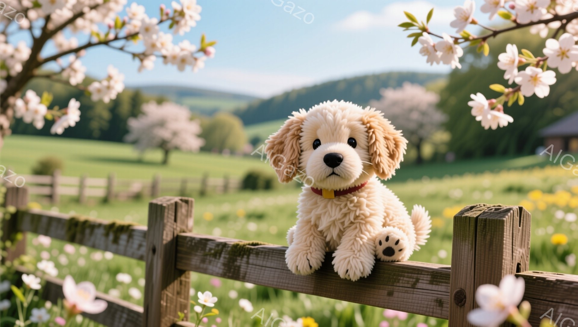 ふわふわのクリーム色のパピーが、木製の柵の上に座ってこちらを見ています。背景には緑豊かな草原と、桜の花が咲き乱れる風景が広がっており、穏やかな春の日の雰囲気が感じられます。パピーは赤い首輪をつけており、可愛らしい姿が印象的です。