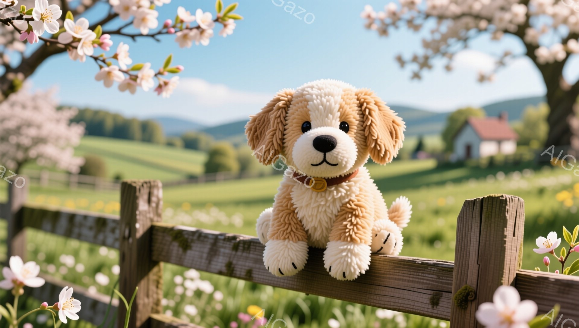 緑の牧草地とフェンスに座っている、ふわふわのクリーム色のパピーがいます。 パピーは茶色の斑点と優しい表情をしており、赤い首輪をつけています。背景には木々や家が見え、春らしい明るい雰囲気です。