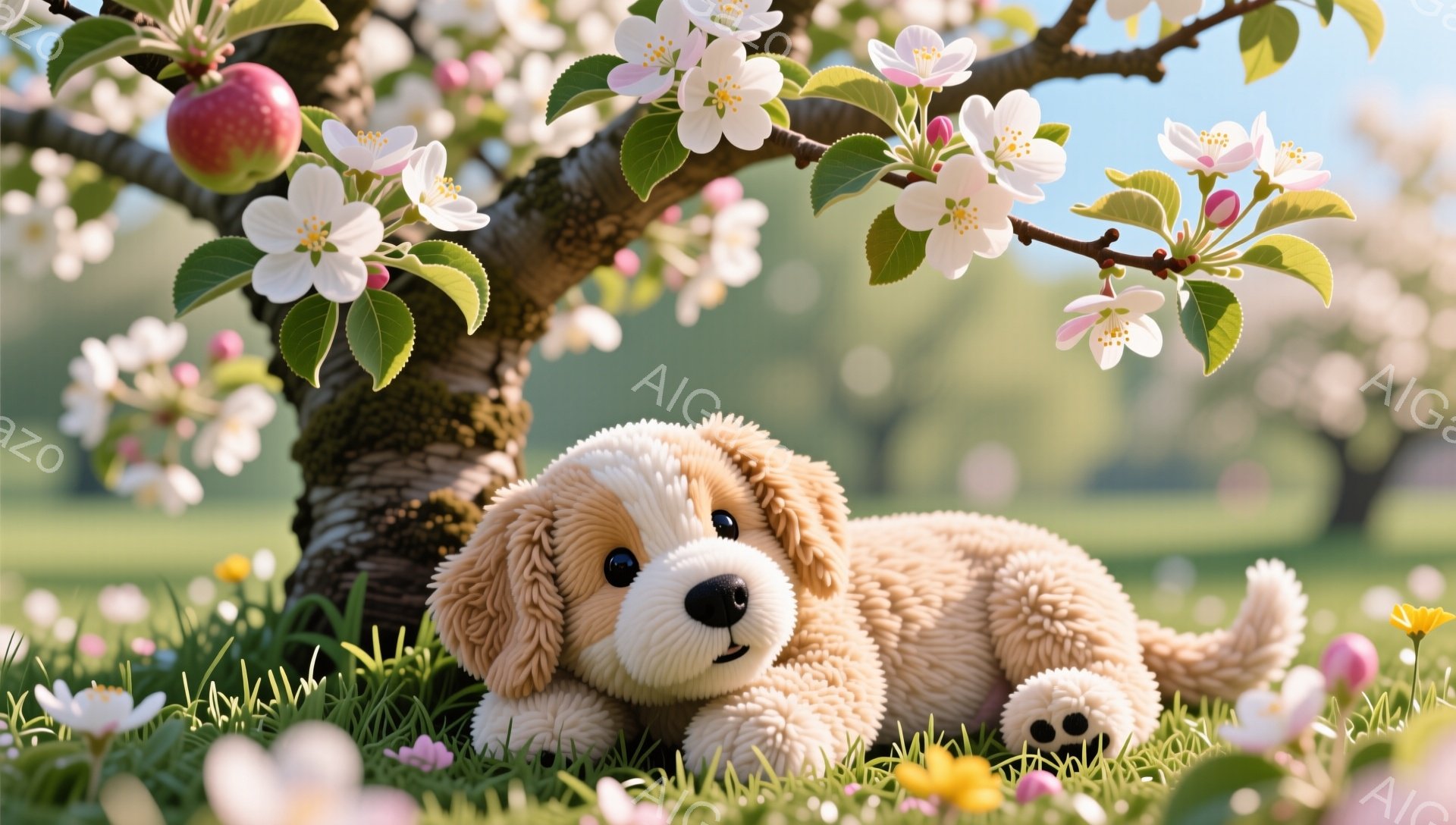 ふわふわのクリーム色のパピーが緑の草の上に横たわっています。後ろには、白く美しい花を咲かせた木があり、春らしい穏やかな雰囲気です。パピーはリラックスした表情で、幸せそうな時間を過ごしているようです。