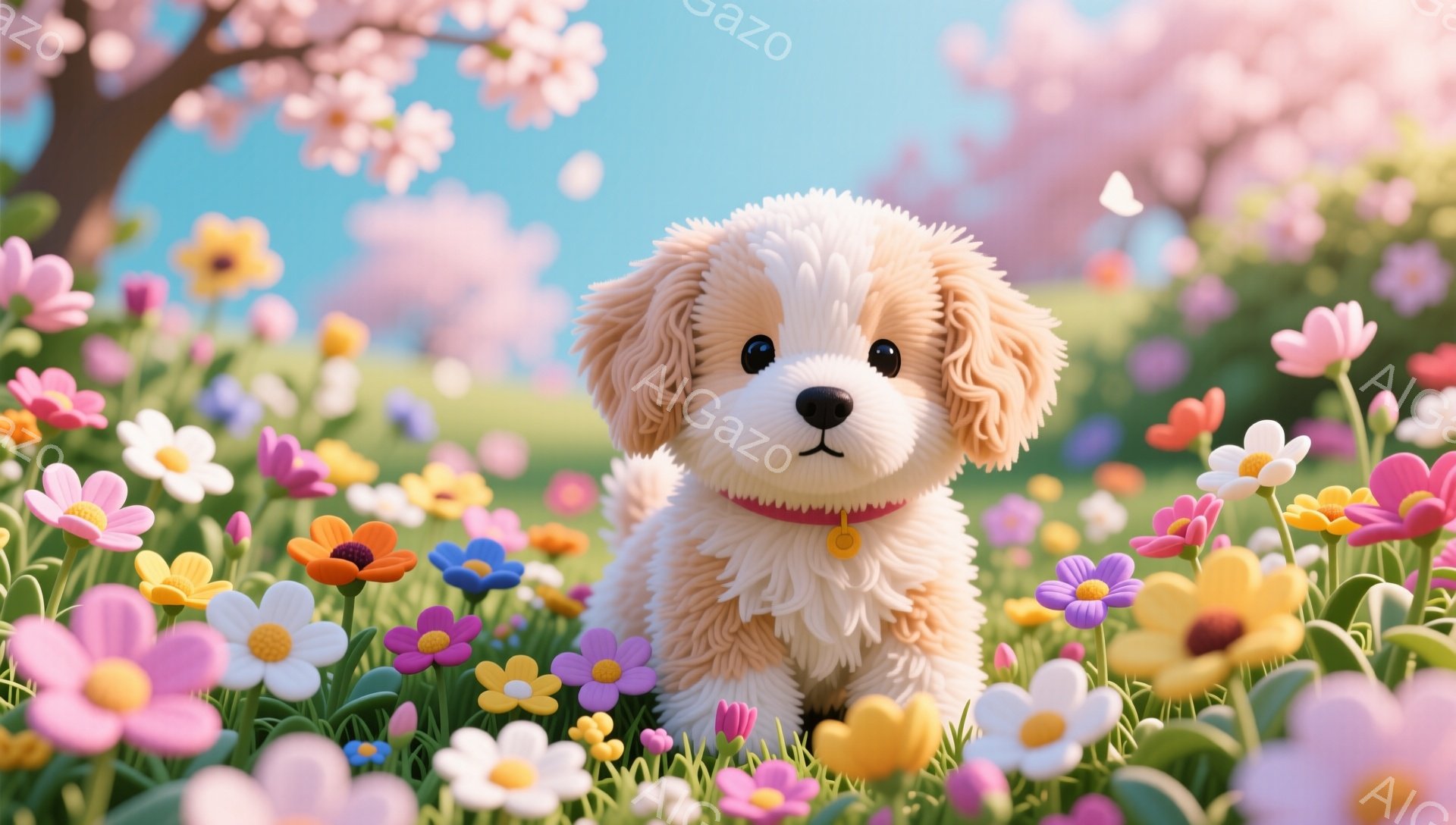 ふわふわのクリーム色の毛並みを持つ子犬が、色とりどりの花々が咲き乱れる草原に立っている。赤い首輪をつけており、見つめるような優しい表情を浮かべている。背景には桜の木があり、春の暖かく穏やかな雰囲気が感 - AI生成フリー素材