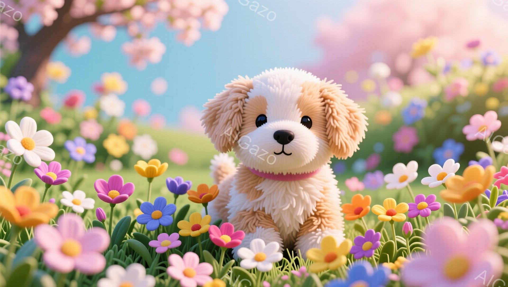 可愛らしい子犬が花畑の中に座っています。ピンク色の首輪をつけており、優しい表情をしています。背景には桜の木があり、春の穏やかな雰囲気が漂っています。 - AI生成フリー素材