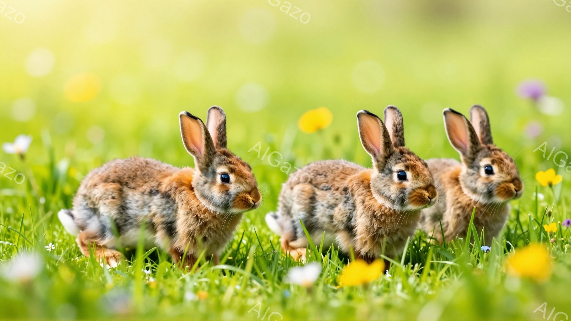 緑の草むらの中で、3匹の子ウサギが並んで座っています。日差しが優しく、背景には黄色や白の花が咲き乱れ、穏やかな春の日の雰囲気が伝わってきます。ウサギたちは少し警戒した表情で、こちらを見ているようです。