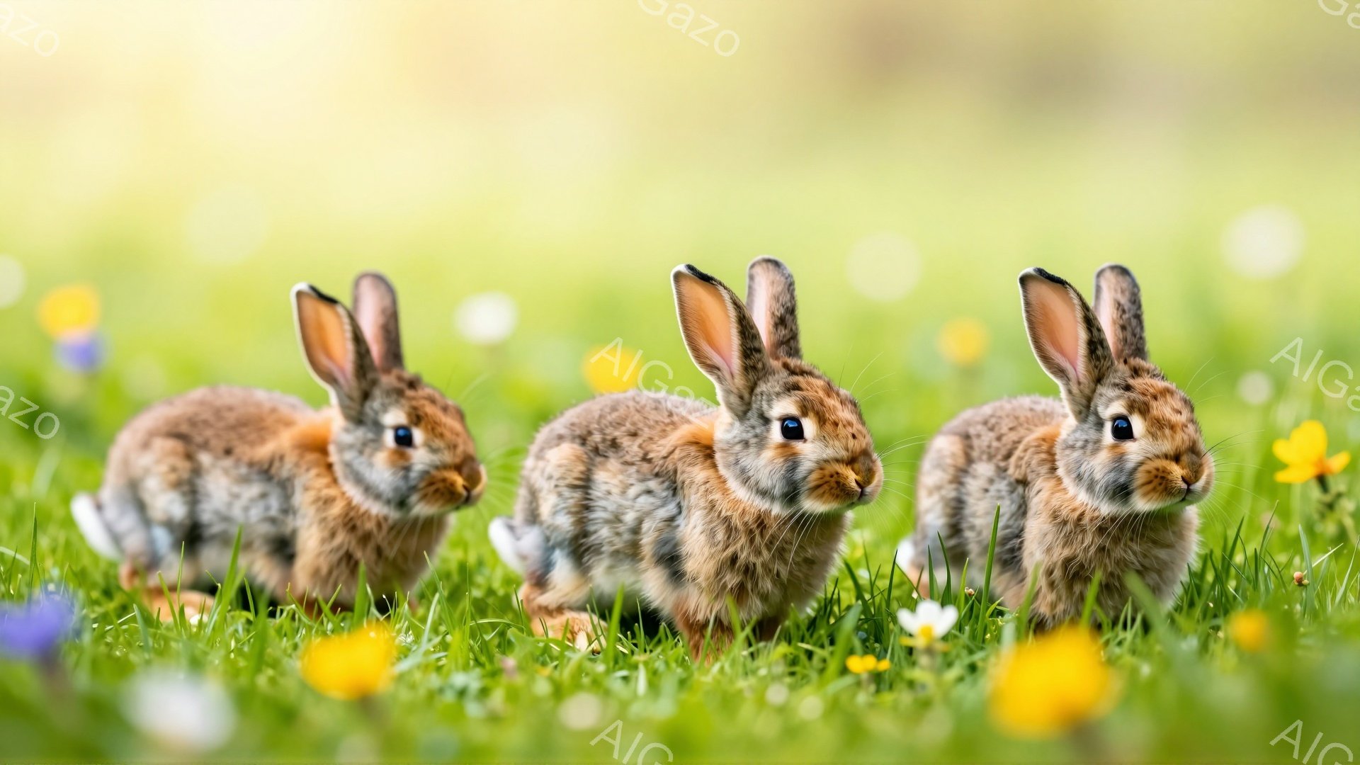 緑の草の上に三匹のうさぎが並んで座っています。日差しが暖かく、背景はぼやけて春らしい雰囲気です。うさぎたちはそれぞれ少しずつ前を見つめ、可愛らしい表情をしています。