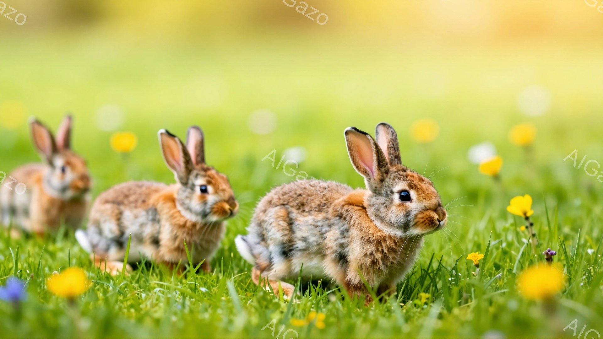 緑の草むらに、可愛らしい茶色のウサギが二匹います。ウサギたちは少し緊張した様子で、前方を警戒しています。背景には小さな黄色い花が咲き乱れ、春の穏やかな雰囲気を醸し出しています。 - AI生成フリー素材