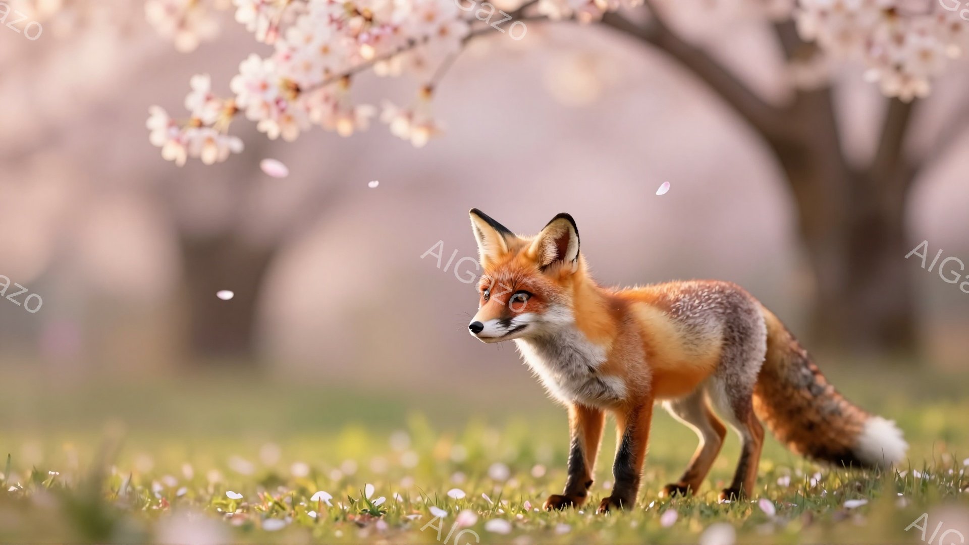 鮮やかな毛並みの狐が、桜の花びらが舞う草原に佇んでいます。夕日の柔らかい光が背景を照らし、春の穏やかな雰囲気を醸し出しています。その姿は優雅で、自然の中で生きる野生の美しさを際立たせています。