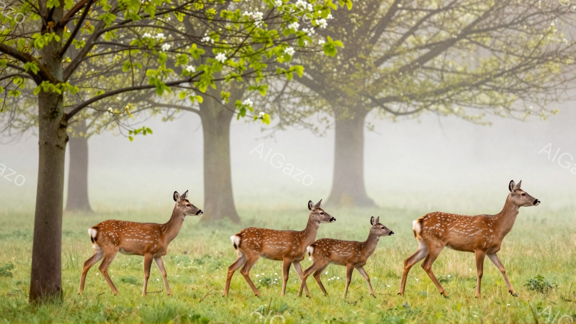 緑豊かな草原を、3匹の鹿が列をなして歩いている。背景には白い花を咲かせた木々が立ち並び、全体的に柔らかく幻想的な雰囲気を醸し出している。朝靄が立ち込め、静寂で穏やかな時間が感じられる。