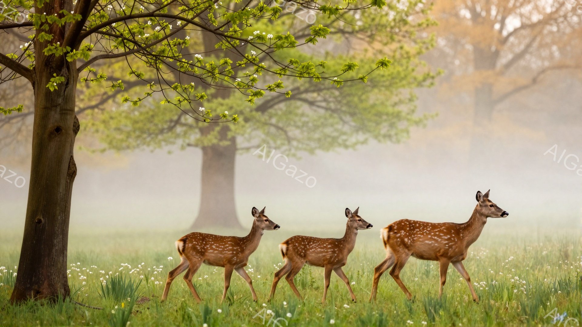 静かな森の中で、三匹の鹿が花畑の中を歩いている。朝霧が立ち込め、柔らかい光が降り注ぎ、神秘的で穏やかな雰囲気を醸し出している。鹿たちは警戒しながらも、リラックスした様子で草を食んでいる。