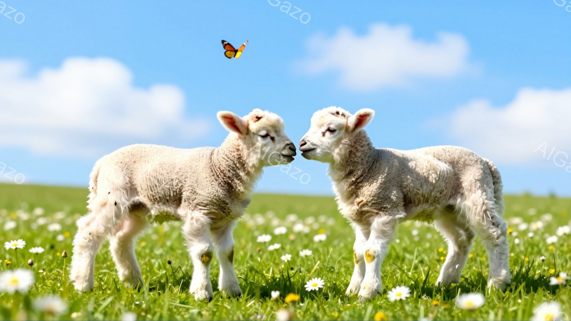 2匹の子羊が寄り添い、鼻先を合わせている。周囲には白い花が咲き乱れる緑の草原が広がり、背景には青空と白い雲が広がっている。暖かく穏やかな雰囲気の、可愛らしい光景である。