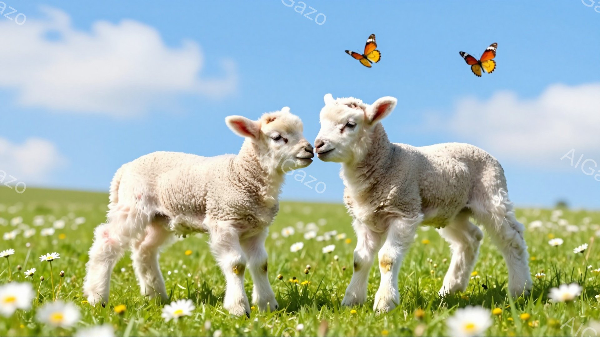 緑の草地に2匹の子羊が寄り添い、お互いに鼻を触れ合っています。背景には青い空が広がり、黄色や白い花々が咲き乱れ、蝶が舞っています。穏やかで平和な雰囲気が漂う、のどかな風景です。 - AI生成フリー素材