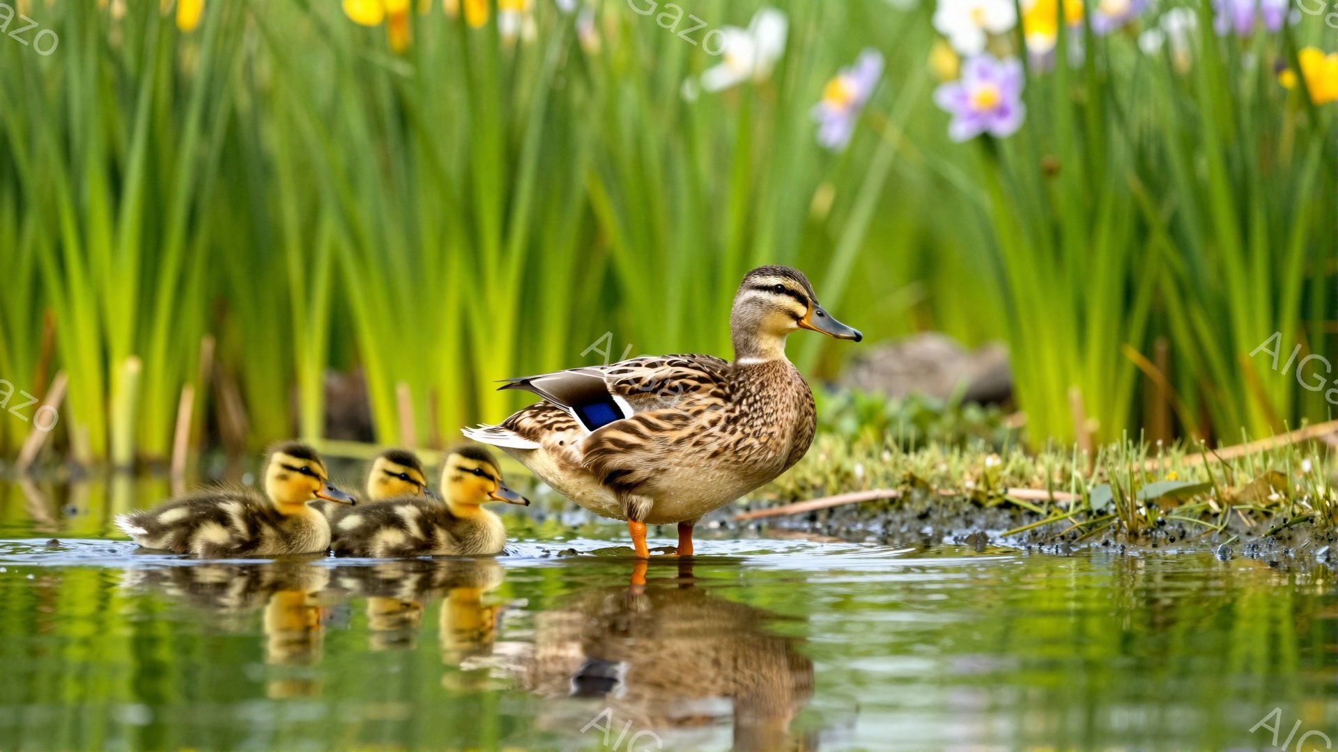 アヒルが一匹と、その可愛らしいヒナたちが水辺にいます。母アヒルは落ち着いた様子で、ヒナたちは元気いっぱいに水面を泳いでいます。背景には緑豊かな草が生い茂り、穏やかな春の日の光が差し込んでいます。 - AI生成フリー素材