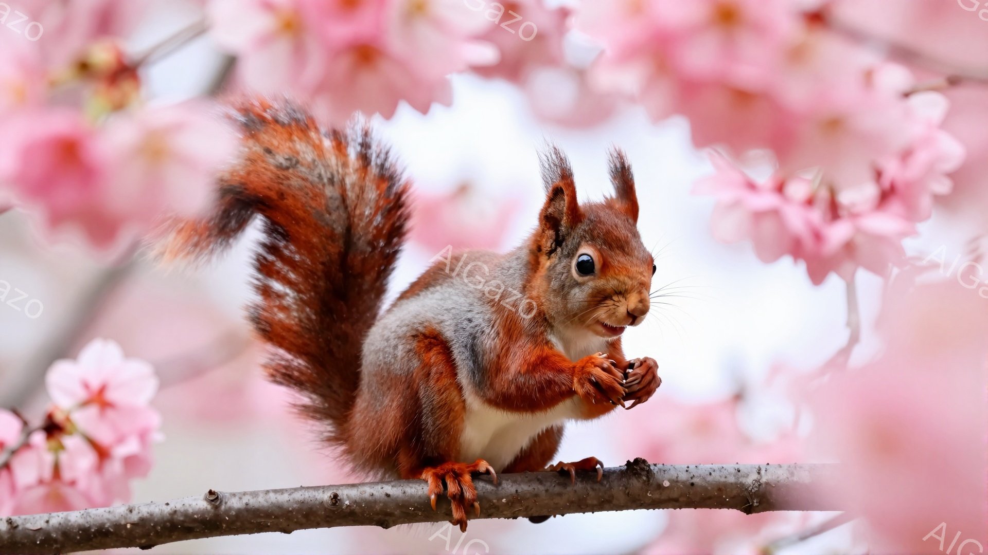 赤褐色のリスが木の枝にとまって何かを食べています。後ろには桜の花が咲き乱れ、春の暖かさを感じさせる穏やかな雰囲気です。リスの毛並みはふさふさとしており、可愛らしい姿が印象的です。 - AI生成フリー素材