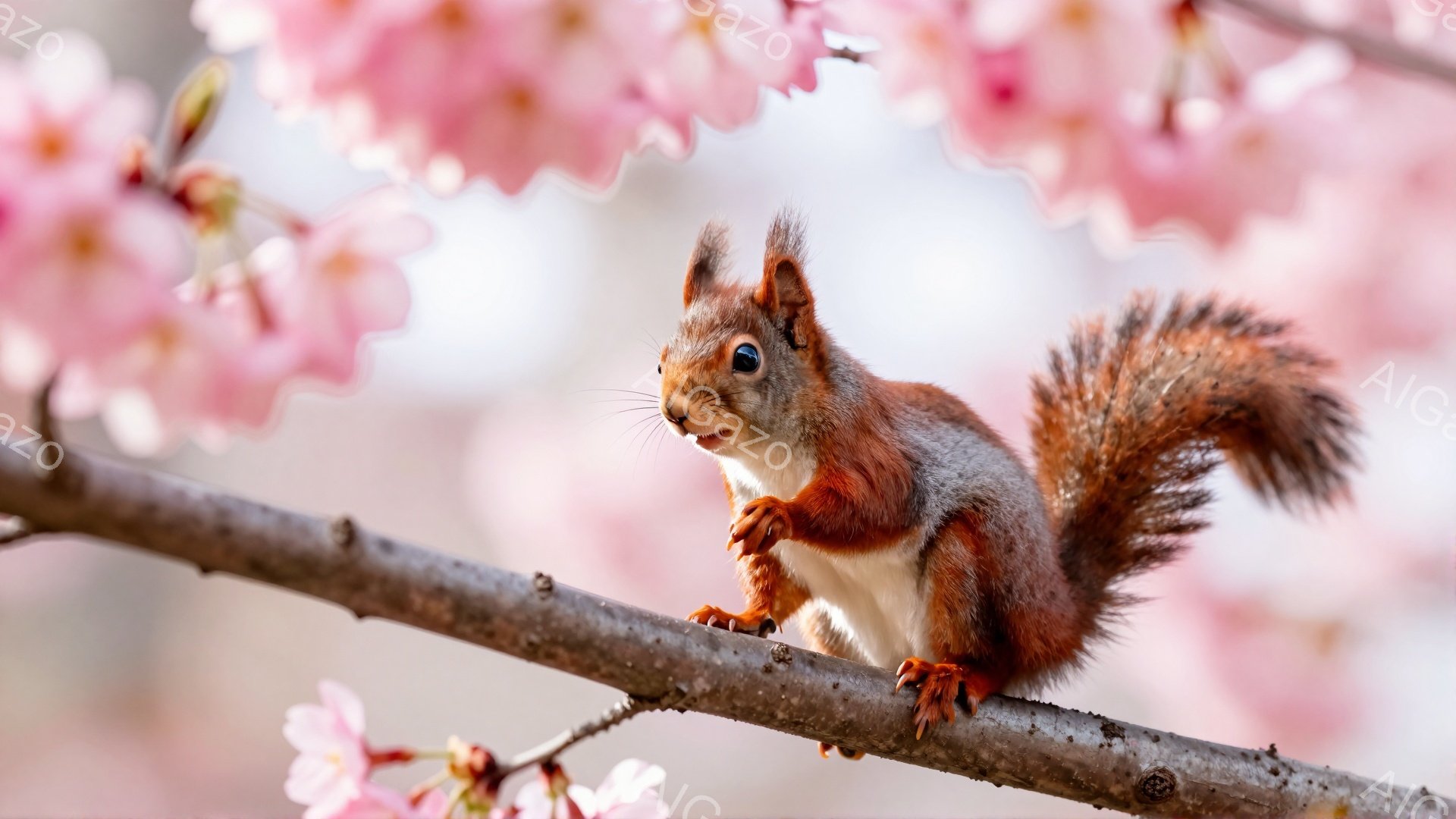 リスが木の枝にとまっており、前に注意を向けています。背景には淡いピンク色の桜の花が咲き乱れ、春の穏やかな雰囲気を醸し出しています。リスの毛並みは赤茶色で、毛並みはふさふさとしています。 - AI生成フリー素材