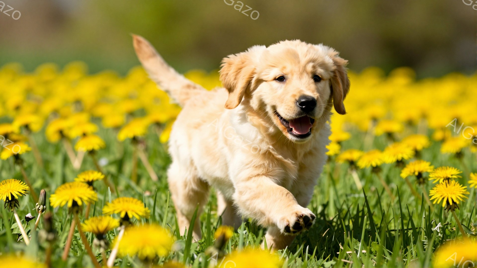 明るい日差しの下、タンポポ畑をゴールデンレトリバーの子犬が駆け抜けている。子犬は口を開けて楽しそうに走り、その表情は喜びにあふれている。背景は黄色いタンポポで埋め尽くされ、春の暖かさと活気を表現してい - AI生成フリー素材