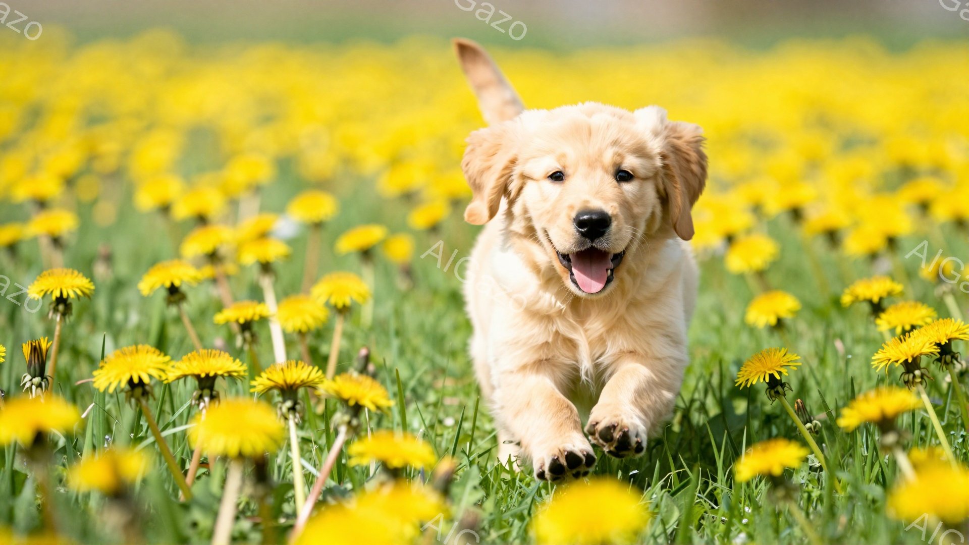 広大なタンポポ畑を、ゴールデンレトリバーの子犬が嬉しそうに駆け抜けている。子犬は口を開け、舌を出し、活発でエネルギーに満ち溢れている。背景には鮮やかな黄色の花々が広がり、春らしい暖かい雰囲気を感じさせる。