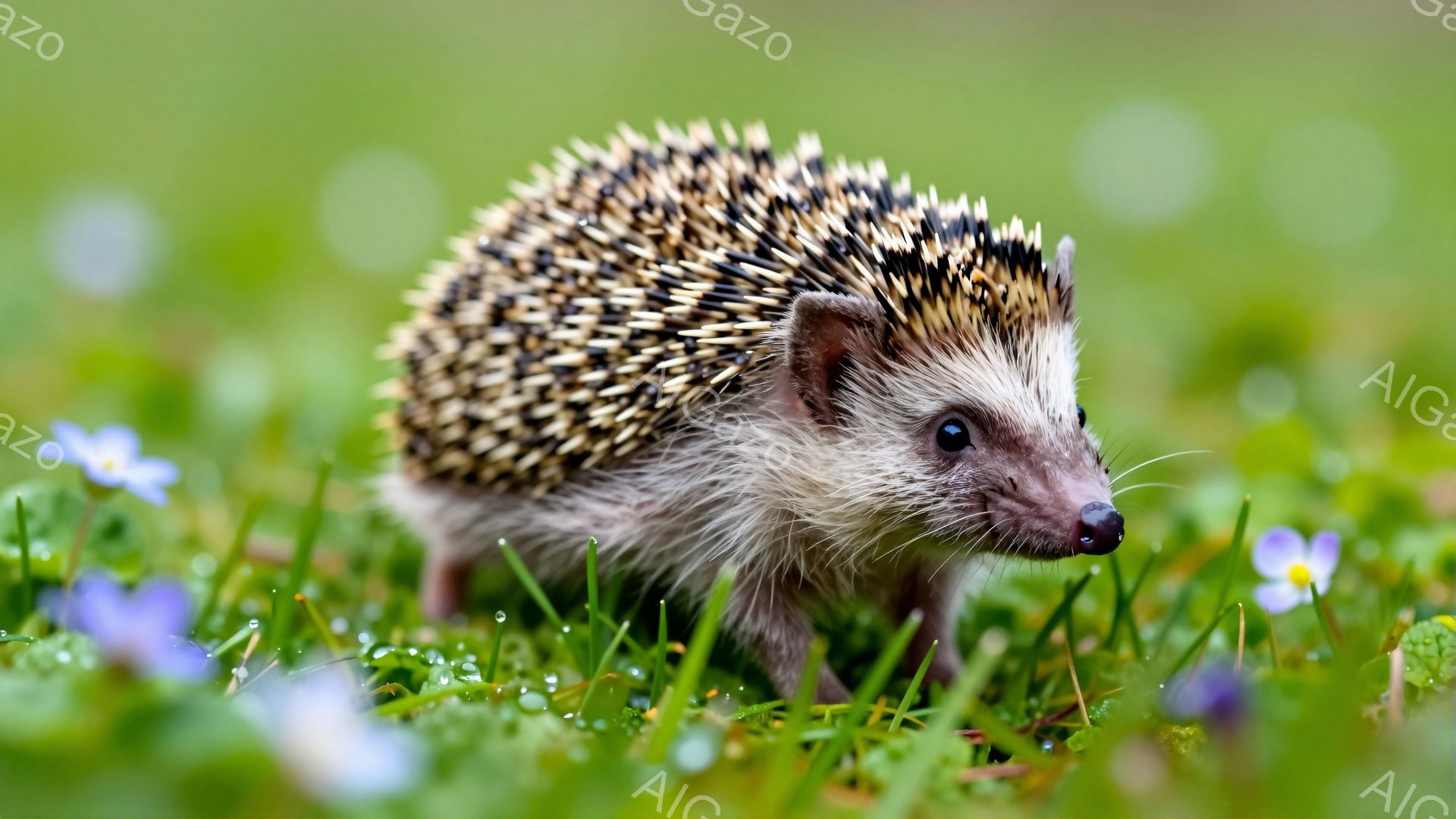 緑の草むらの中を、可愛らしいハリネズミが歩いています。小さな体は茶色と白の縞模様で覆われ、鼻を地面に近づけて何かを探しているようです。周りには小さな花が咲き、春の穏やかな雰囲気が感じられます。