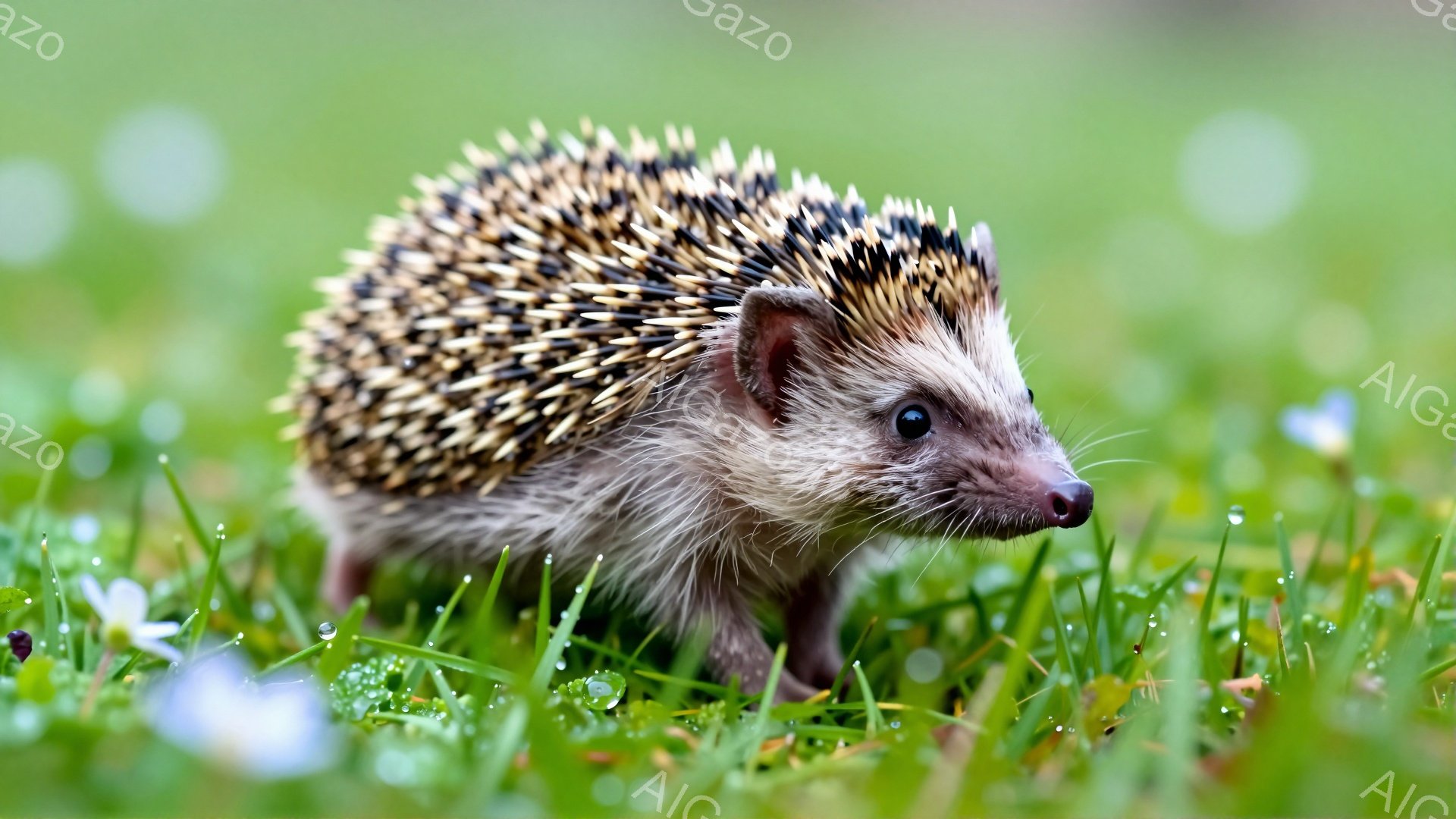 緑の草むらの中で、可愛らしいハリネズミが四つん這いで歩いています。 とげとげした背中と小さな顔が特徴的で、何かを探しているような表情をしています。 背景にはぼやけた花々が咲き、穏やかな自然の雰囲気が感じられます。