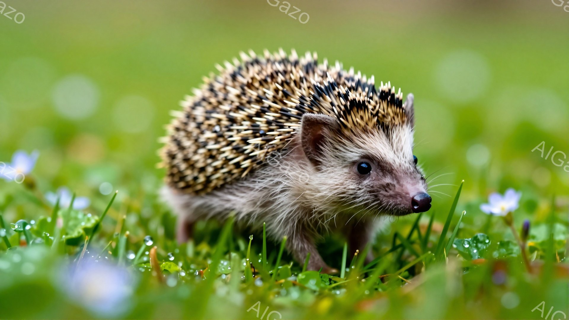 緑の草むらの中を可愛らしいハリネズミが歩いています。湿った草と小さな花が背景にあり、柔らかい光が暖かく包み込むような雰囲気を作り出しています。ハリネズミは少し下を向き、探検しているように見えます。