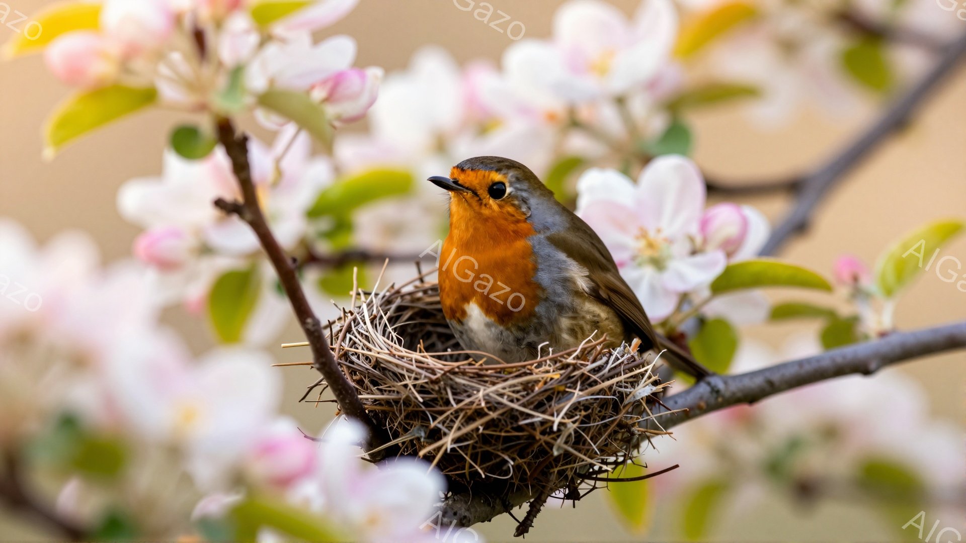 赤い胸を持つ鳥が、木の枝に作られた巣の中に座っている。 周囲には、淡いピンク色の花が咲き乱れ、春の穏やかな雰囲気を醸し出している。 鳥は落ち着いた表情で、何かを見つめているようだ。 - AI生成フリー素材