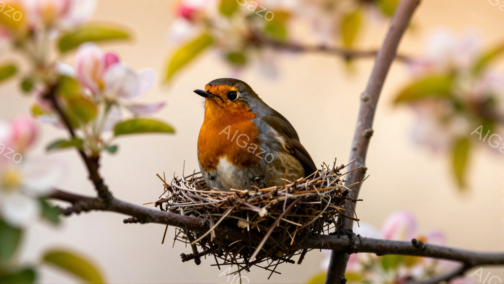 赤い胸を持つ小さな鳥が、木の枝にある巣の中に座っている。 周囲には薄いピンク色の花が咲いており、春の穏やかな雰囲気が漂っている。鳥は前方を向いており、何かを見張っているようだ。 - AI生成フリー素材