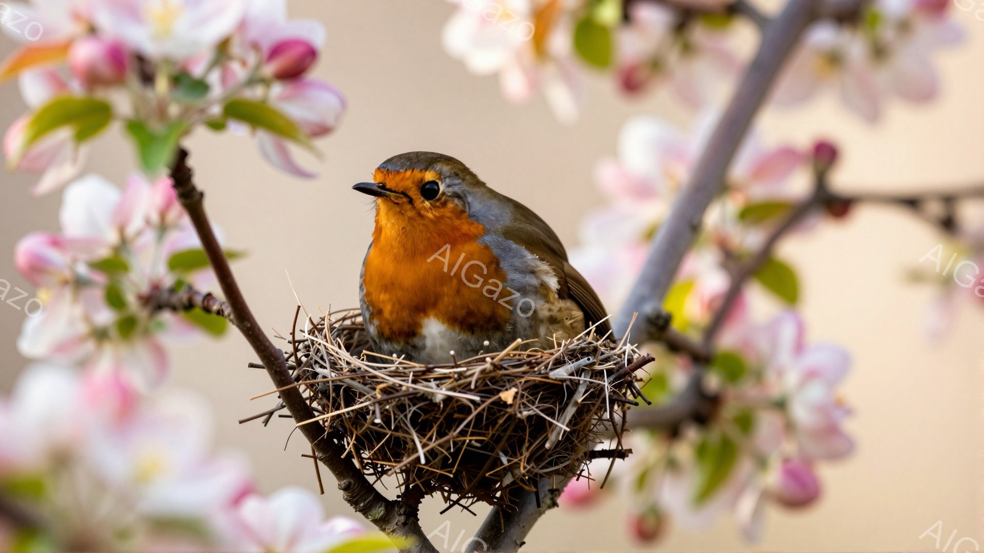 赤い胸を持つ小さな鳥が巣の中に座っている。背景にはピンク色の桜の花が咲き乱れ、春の暖かさと穏やかさを感じさせる。鳥は巣の中で落ち着いており、平和な光景が広がっている。