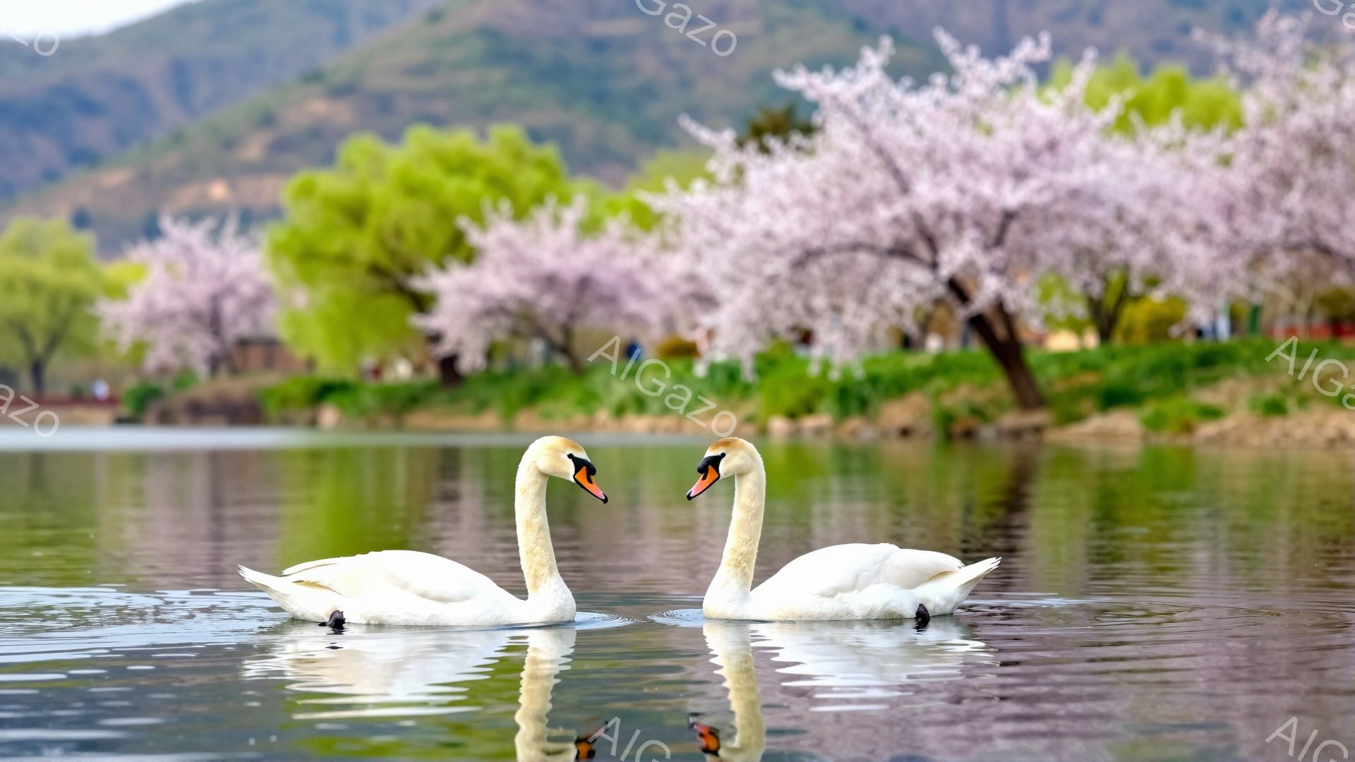 白い白鳥が2羽、水面を優雅に泳いでいる。背景には、満開の桜並木が広がり、春の暖かな雰囲気を醸し出している。水面に映る白鳥と桜のコントラストが美しい風景だ。
