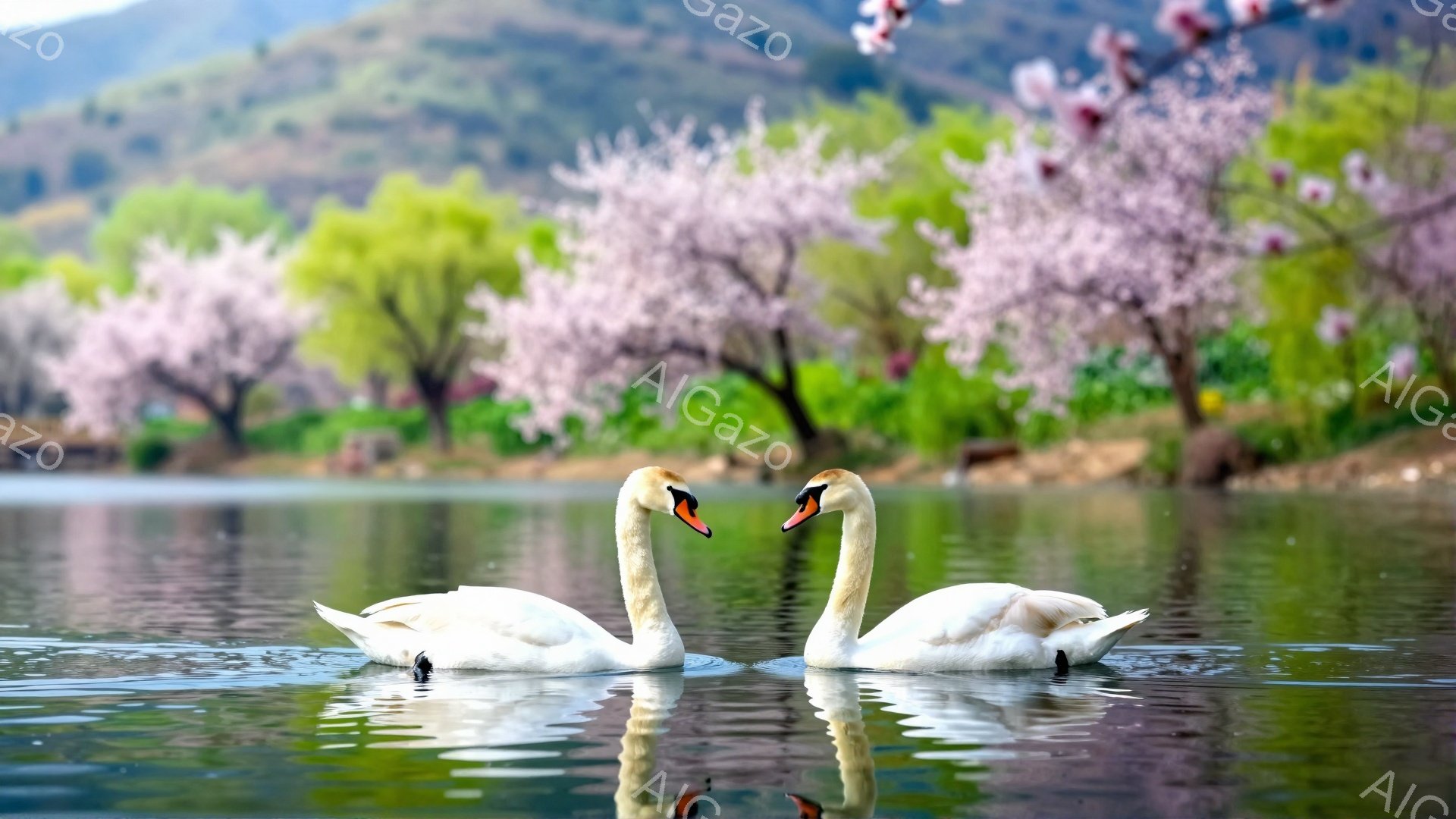 白鳥が二羽、穏やかな水面に浮かび、互いに向き合っている。背景には、桜が咲き誇る美しい風景が広がり、春の暖かさと平和な雰囲気が漂っている。水面に映る白鳥と桜のコントラストが印象的で、幻想的な光景を作り出している。