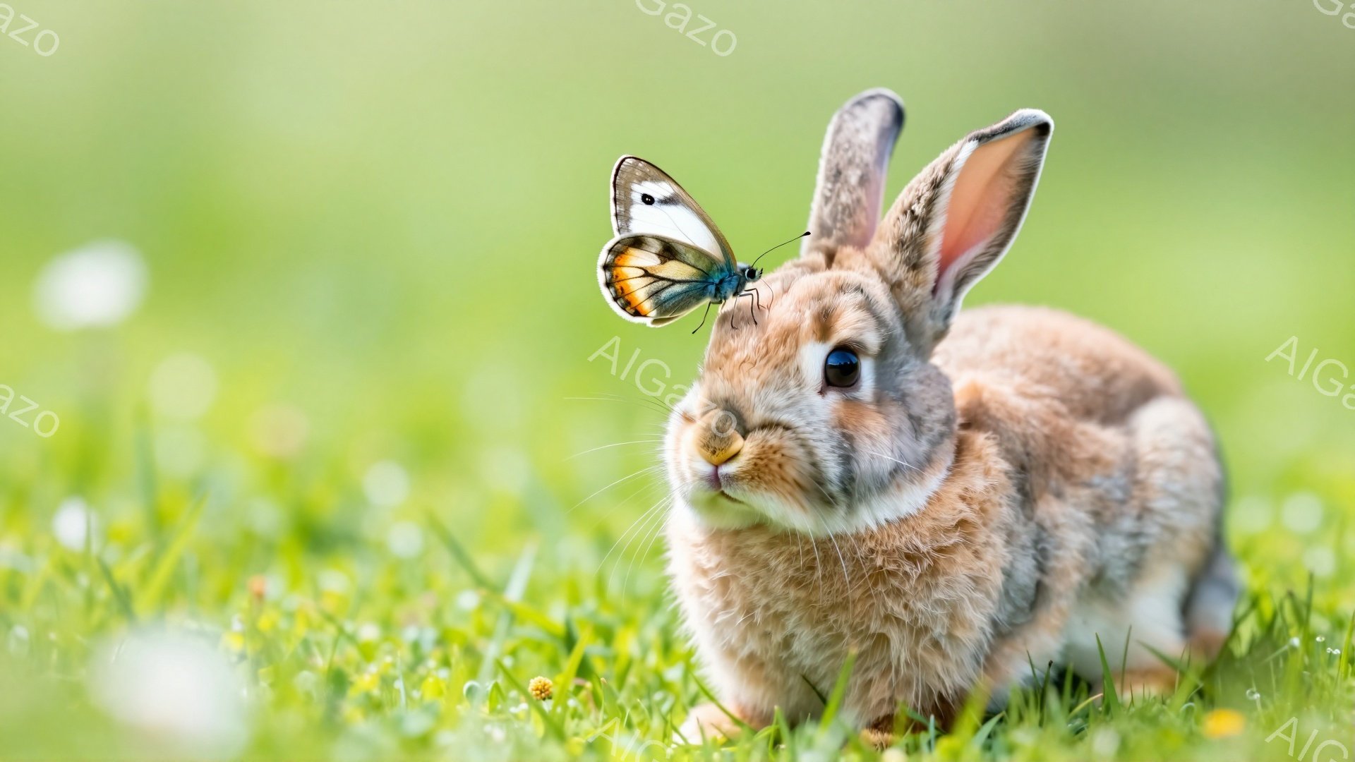 緑の草の上で可愛らしい茶色のウサギが座っています。蝶がウサギの鼻に乗っており、穏やかな雰囲気です。背景はぼやけており、春の優しい光が差し込んでいます。