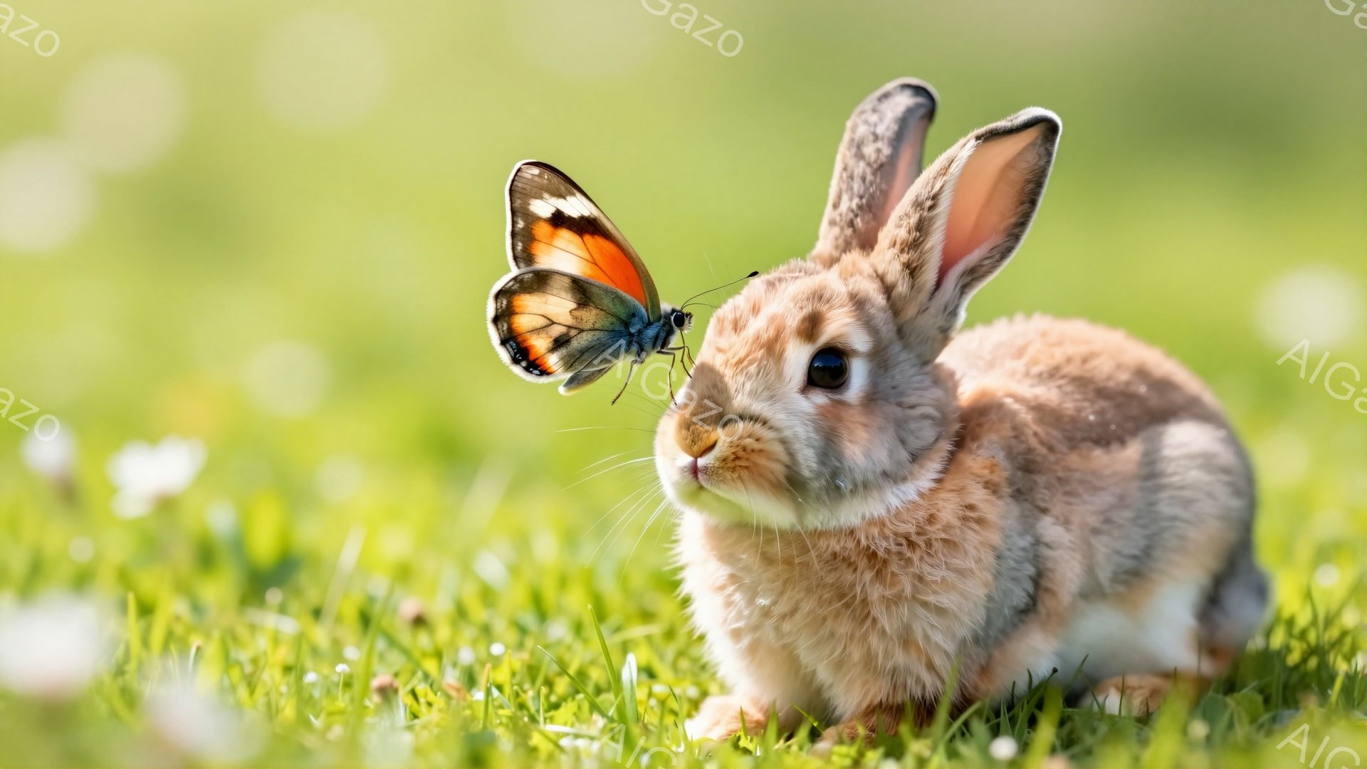 緑の草の上に座っている可愛らしい茶色のウサギがいます。その鼻の上には、鮮やかなオレンジと黒の模様を持つ蝶がとまっています。背景はぼやけており、春らしい穏やかな雰囲気が感じられます。 - AI生成フリー素材