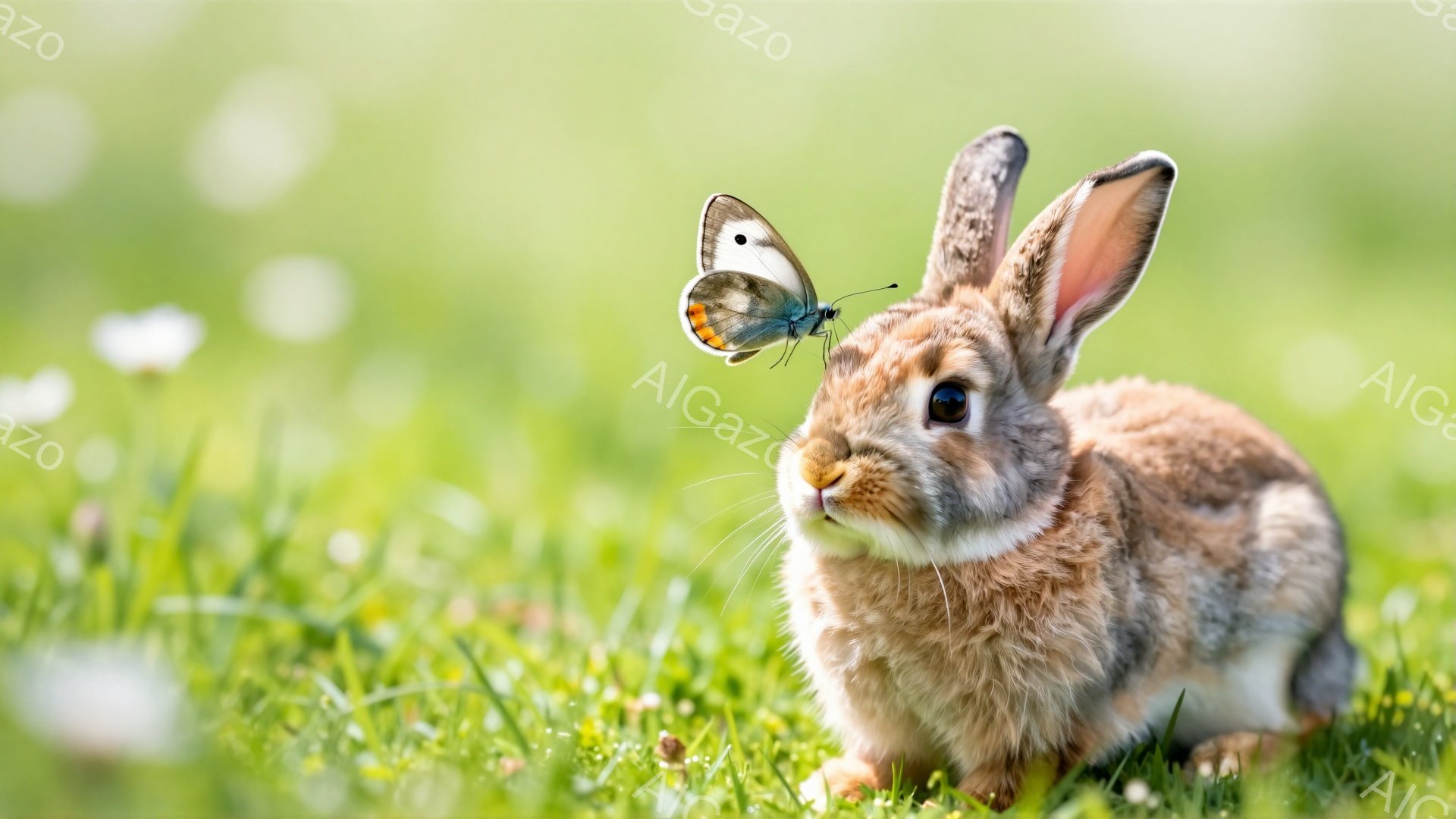 緑の草の上で、かわいらしい茶色のウサギが座っています。ウサギの鼻の上には、白い蝶が止まっており、穏やかで平和な雰囲気を醸し出しています。背景はぼやけており、春の暖かい日差しを感じさせます。 - AI生成フリー素材