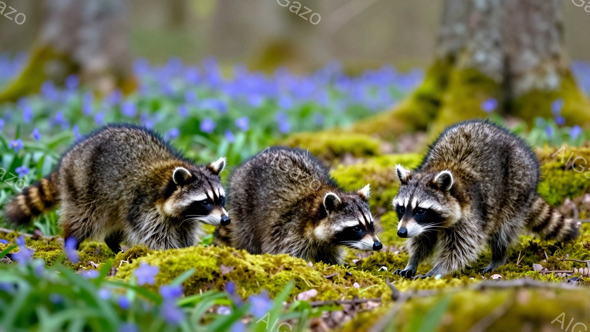 アライグマが3匹、緑色の苔の上に並んで佇んでいます。周囲には紫色の花が咲き乱れ、春の訪れを感じさせる穏やかな雰囲気です。彼らは互いに何かを探しているかのように、地面を見つめています。