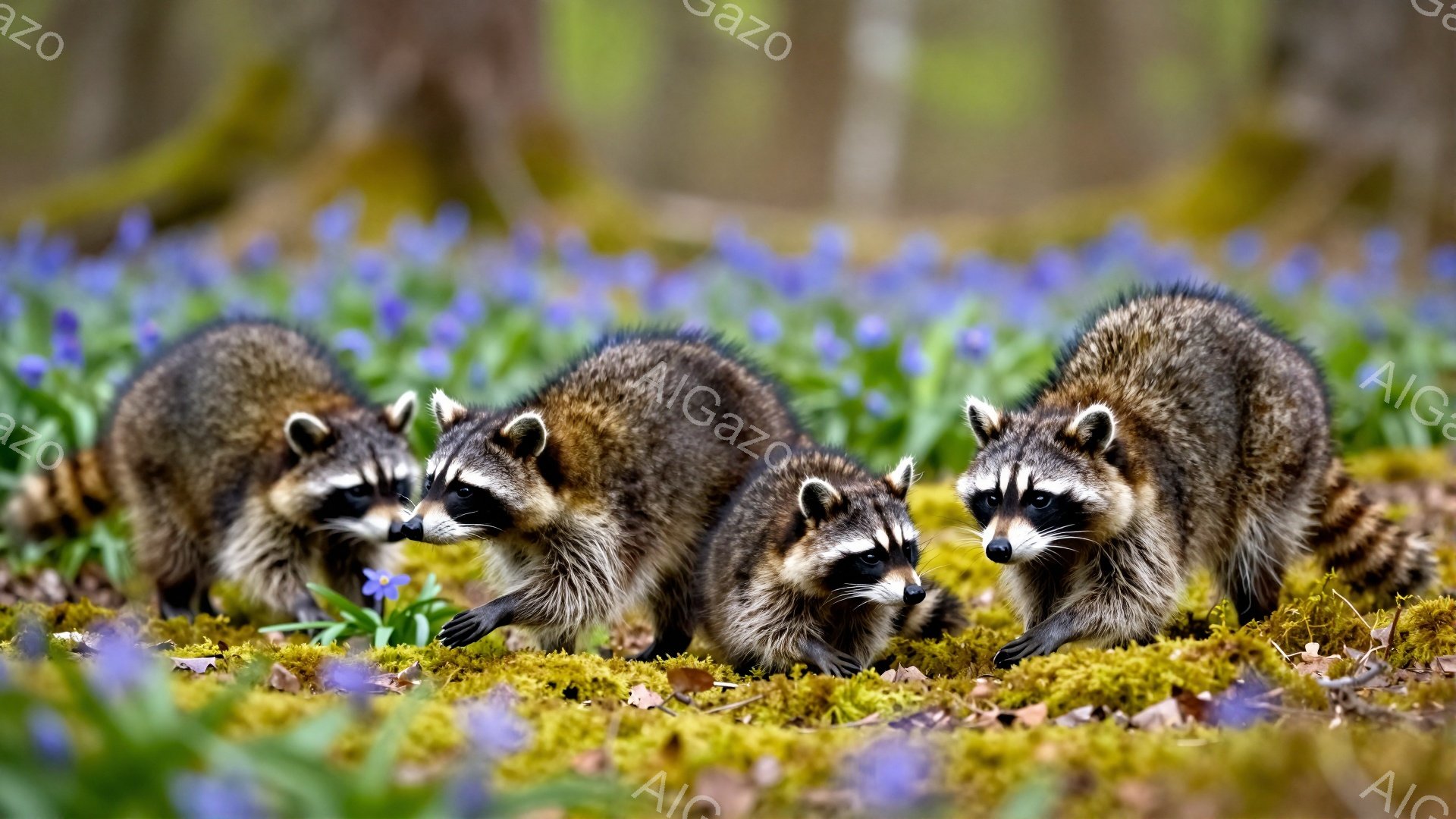 アライグマが4匹、青い花が咲き乱れる緑の草むらの中を歩いている。アライグマたちは皆、鼻を地面に近づけ、何かを探しているような仕草をしている。背景には木々が見え、春の穏やかな雰囲気が感じられる。