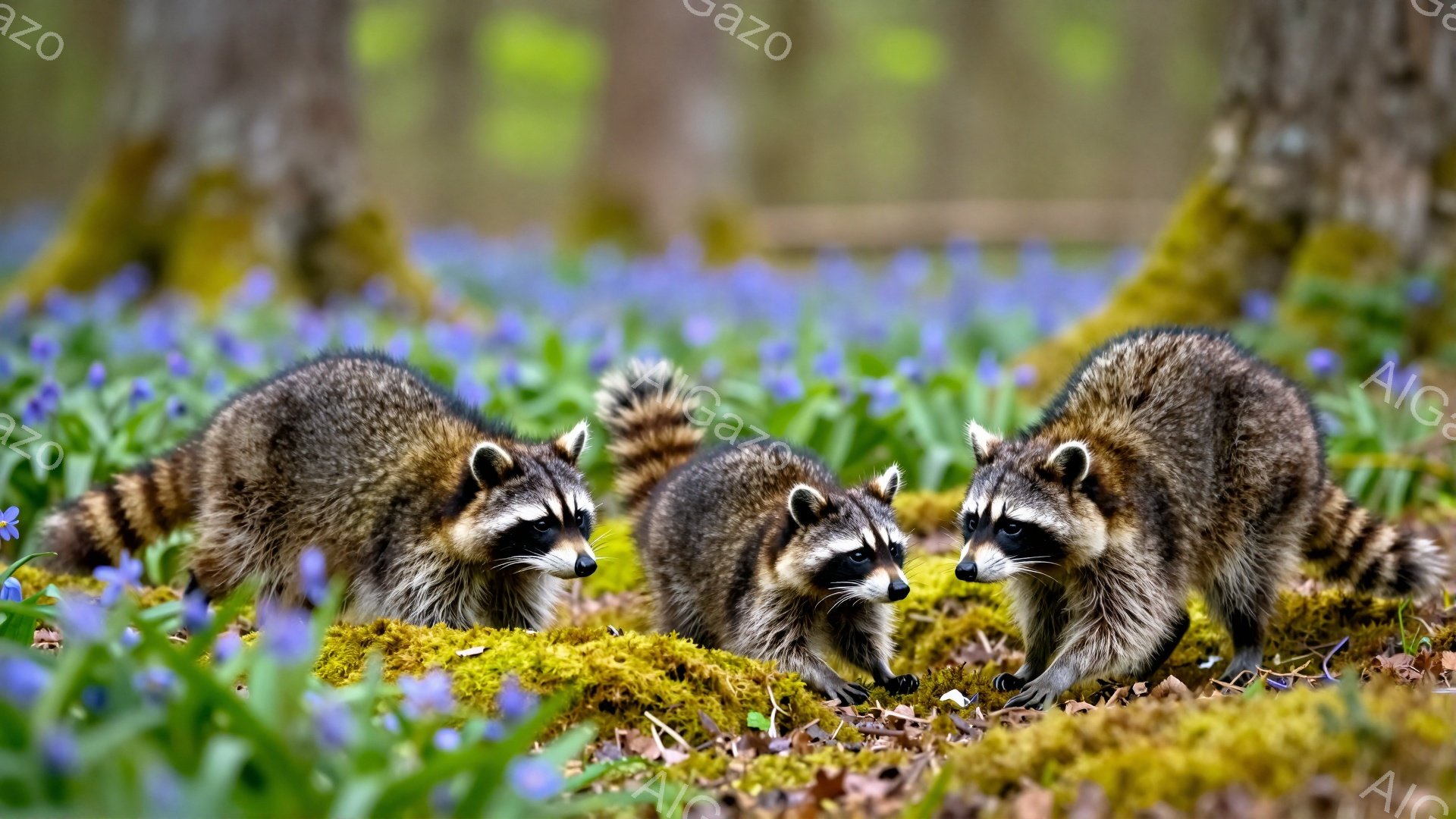 アライグマが3匹、紫色の花が咲き乱れる緑の苔の上にいます。彼らは好奇心いっぱいの表情で、互いに注意を払いながら何かを探しているようです。背景はぼやけた木々で、春らしい穏やかな雰囲気が漂っています。