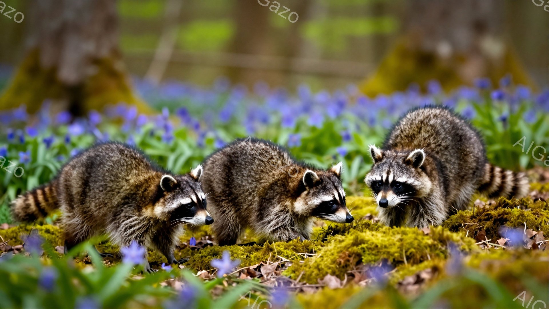 アライグマが3匹、紫色の花が咲き乱れる草の上を歩いている。彼らは同じ方向に注意を向けており、何かに興味を持っているようだ。背景には緑豊かな木々が見え、穏やかで自然な雰囲気を醸し出している。