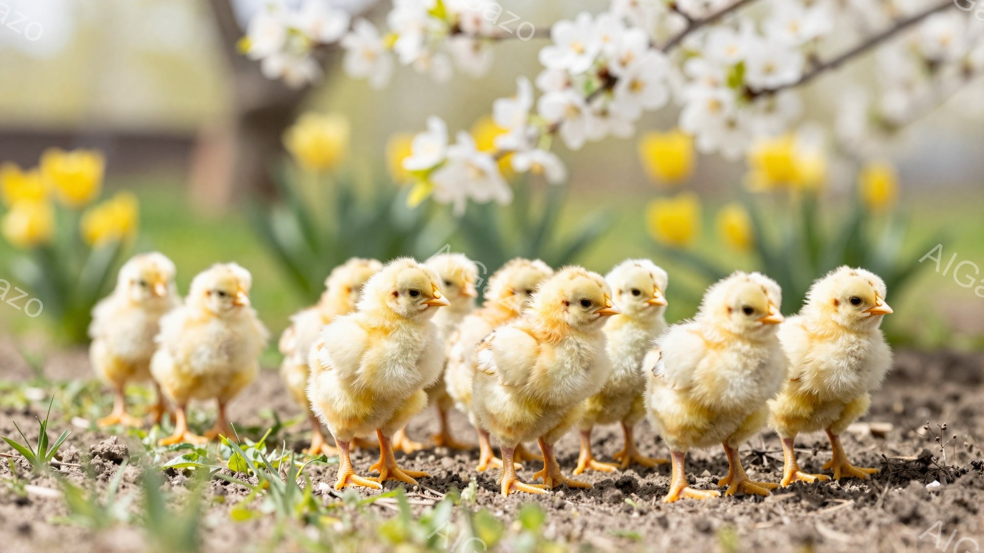 小さなヒヨコたちが一列になって土の上を歩いている。背景には黄色い水仙の花が咲き、春の暖かさを感じさせる。柔らかい光がヒヨコたちを照らし、可愛らしい雰囲気が漂っている。