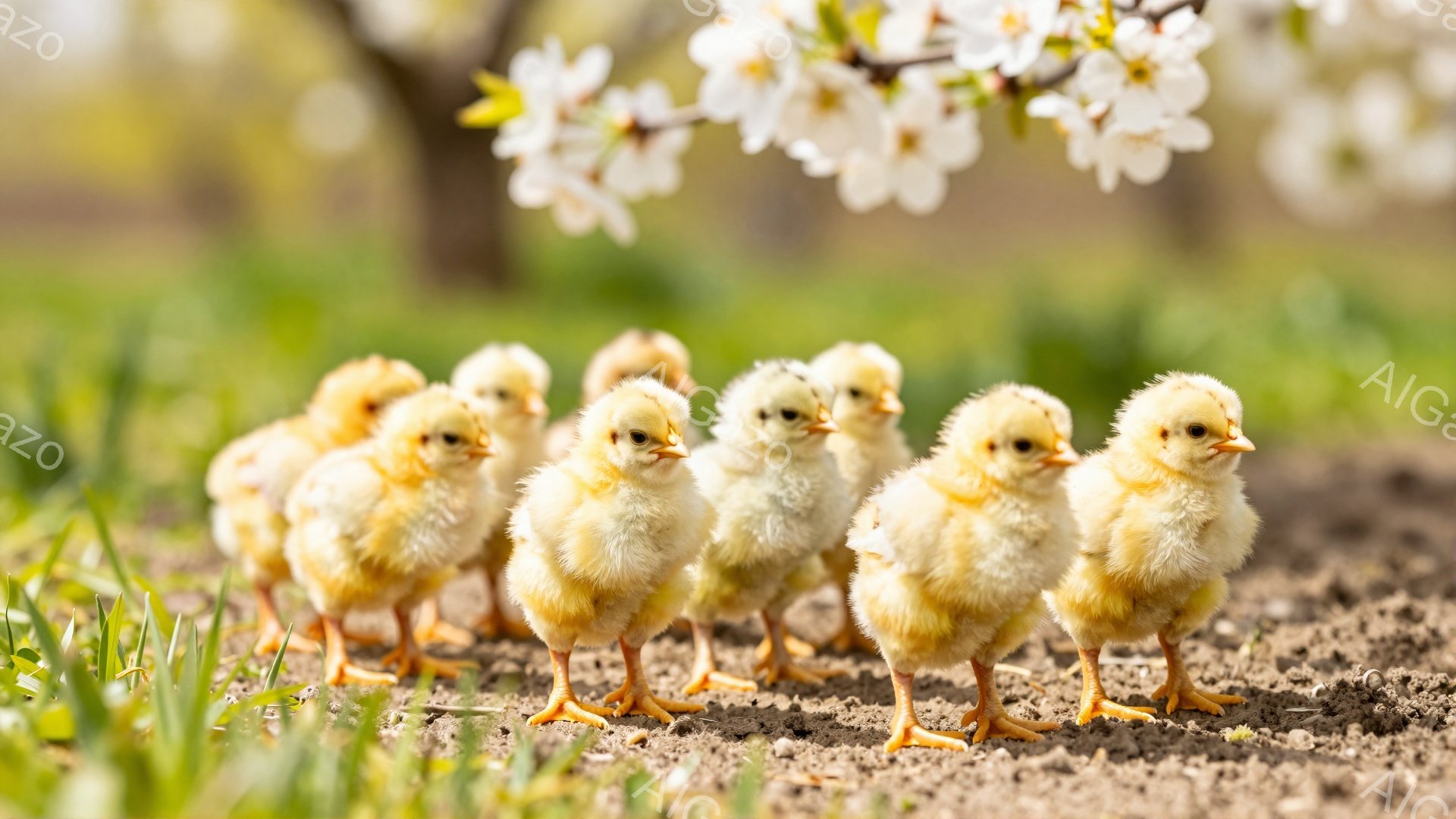 小さなヒヨコたちが一列になって土の上を歩いている。背景にはピンク色の花が咲き乱れ、春らしい穏やかな雰囲気が漂っている。ヒヨコたちはふわふわとした羽毛を持ち、可愛らしい姿をしている。